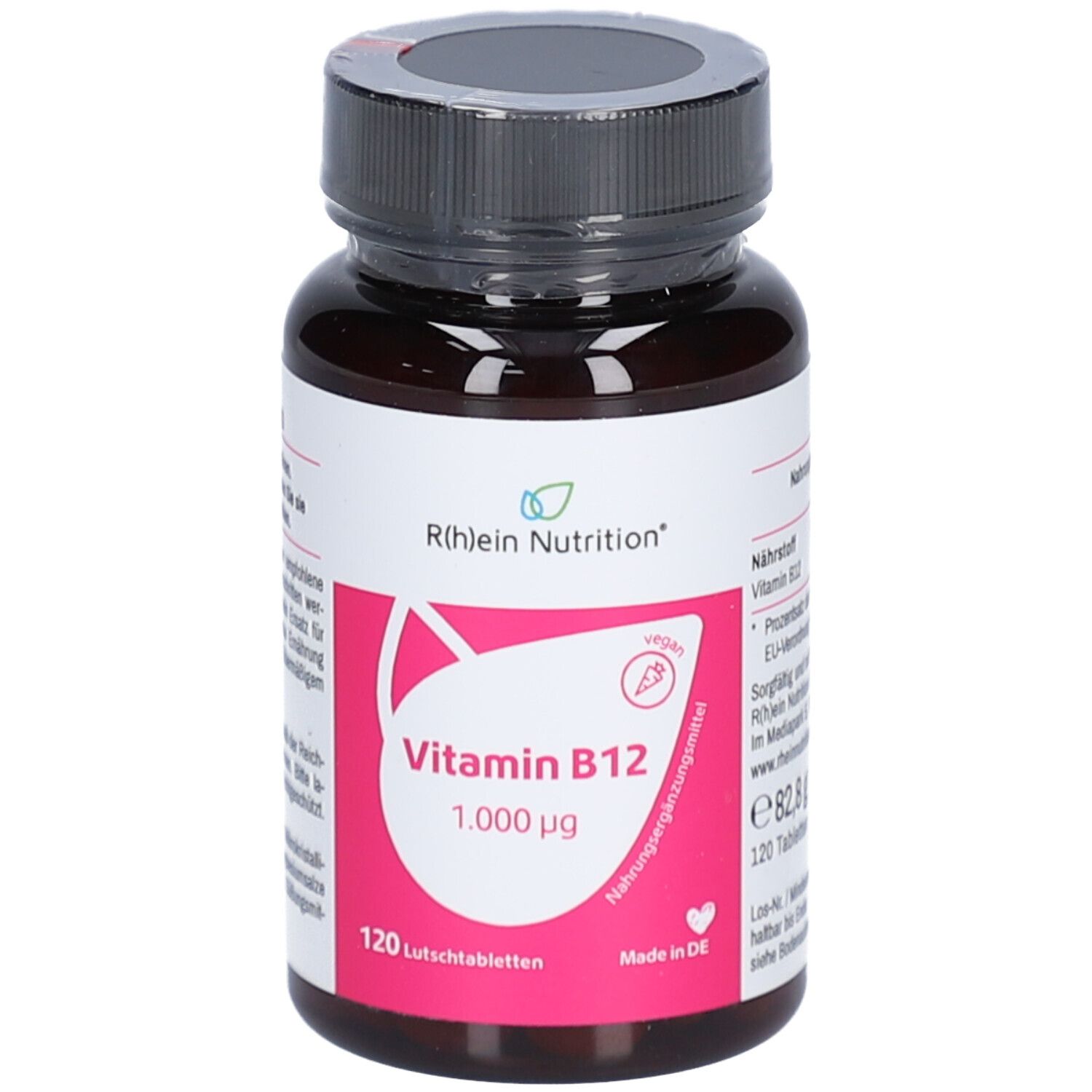 Braune Flasche mit schwarzem Deckel. Etikett mit Vitamin B12 1.000 µg, 120 Lutschtabletten. Vegan-Siegel.