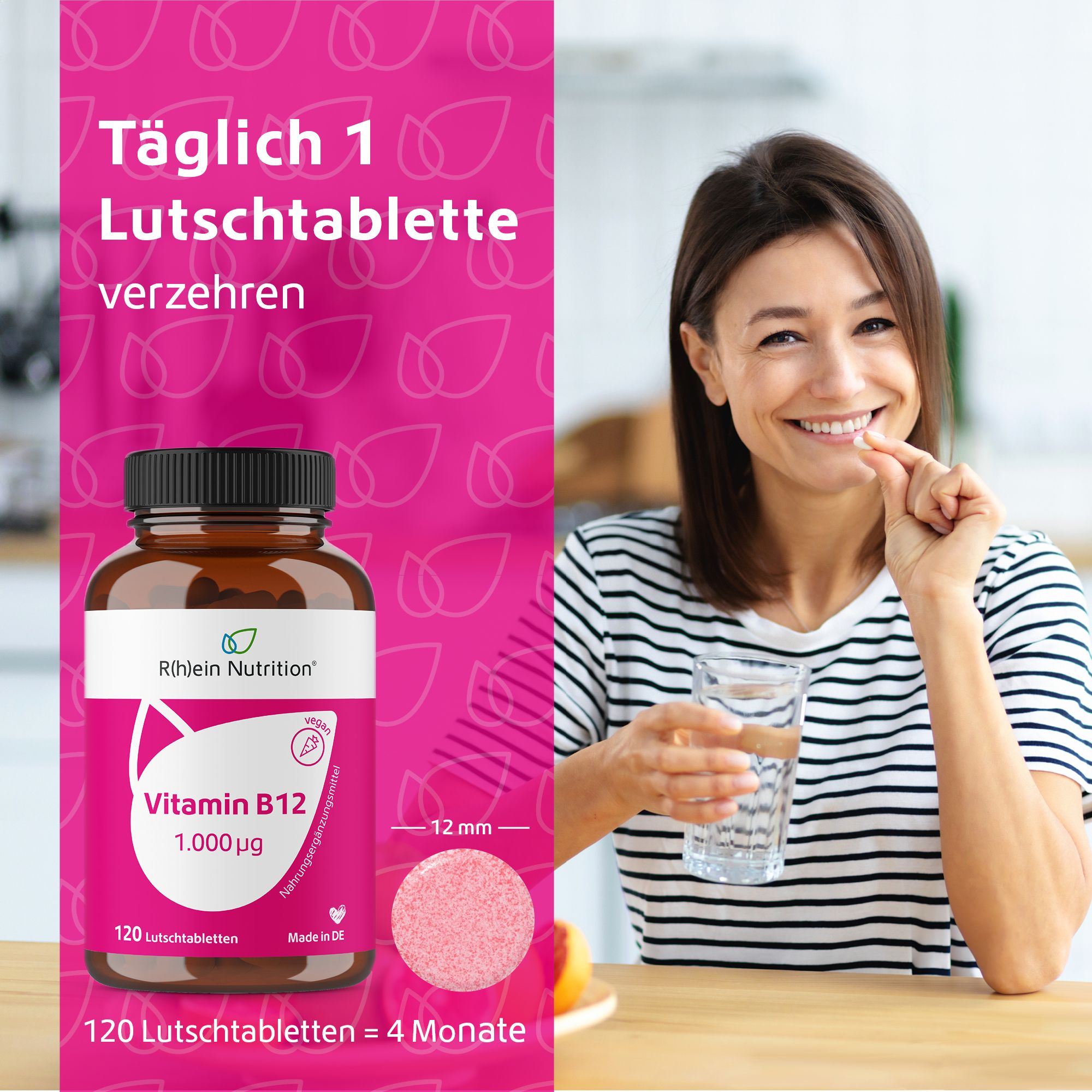 Zertifizierungsdokument. Text: Geprüft. Bewährt. Rein. GBA Group. Flasche Vitamin B12.