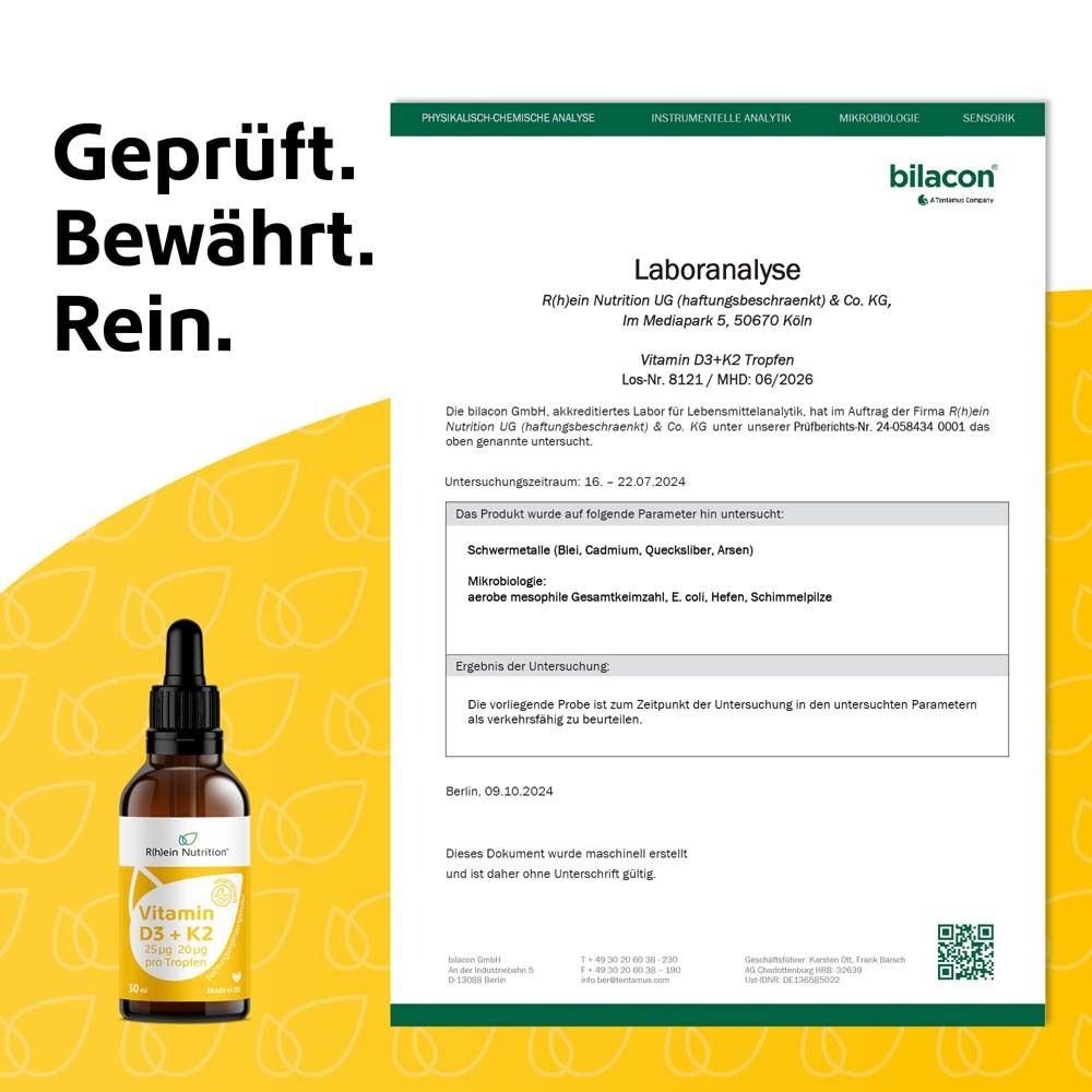 Laboranalyse. Geprüft. Bewährt. Rein. Flasche mit Tropfer links.