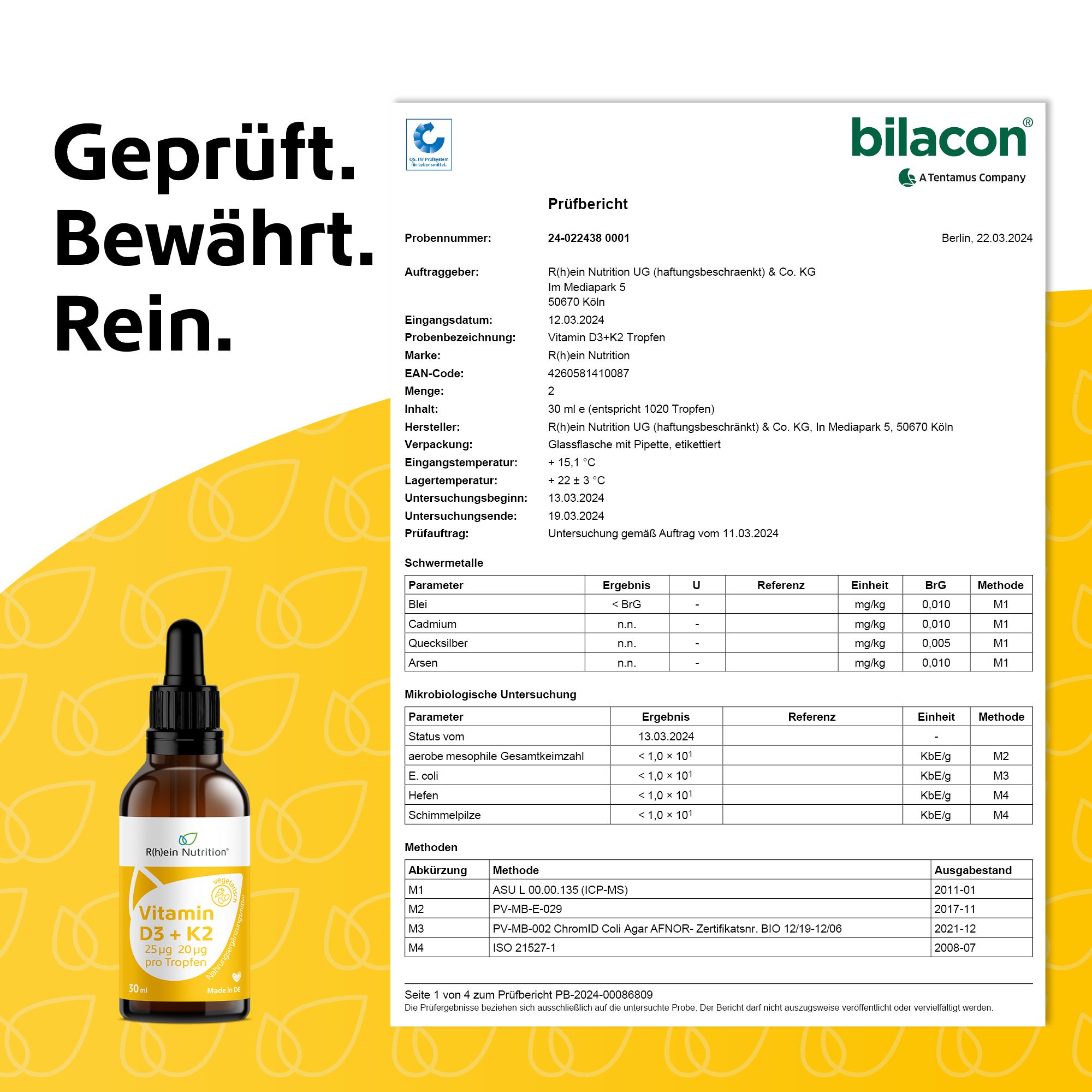 Laborbericht. Geprüft. Bewährt. Rein. Flasche mit Tropfer links.