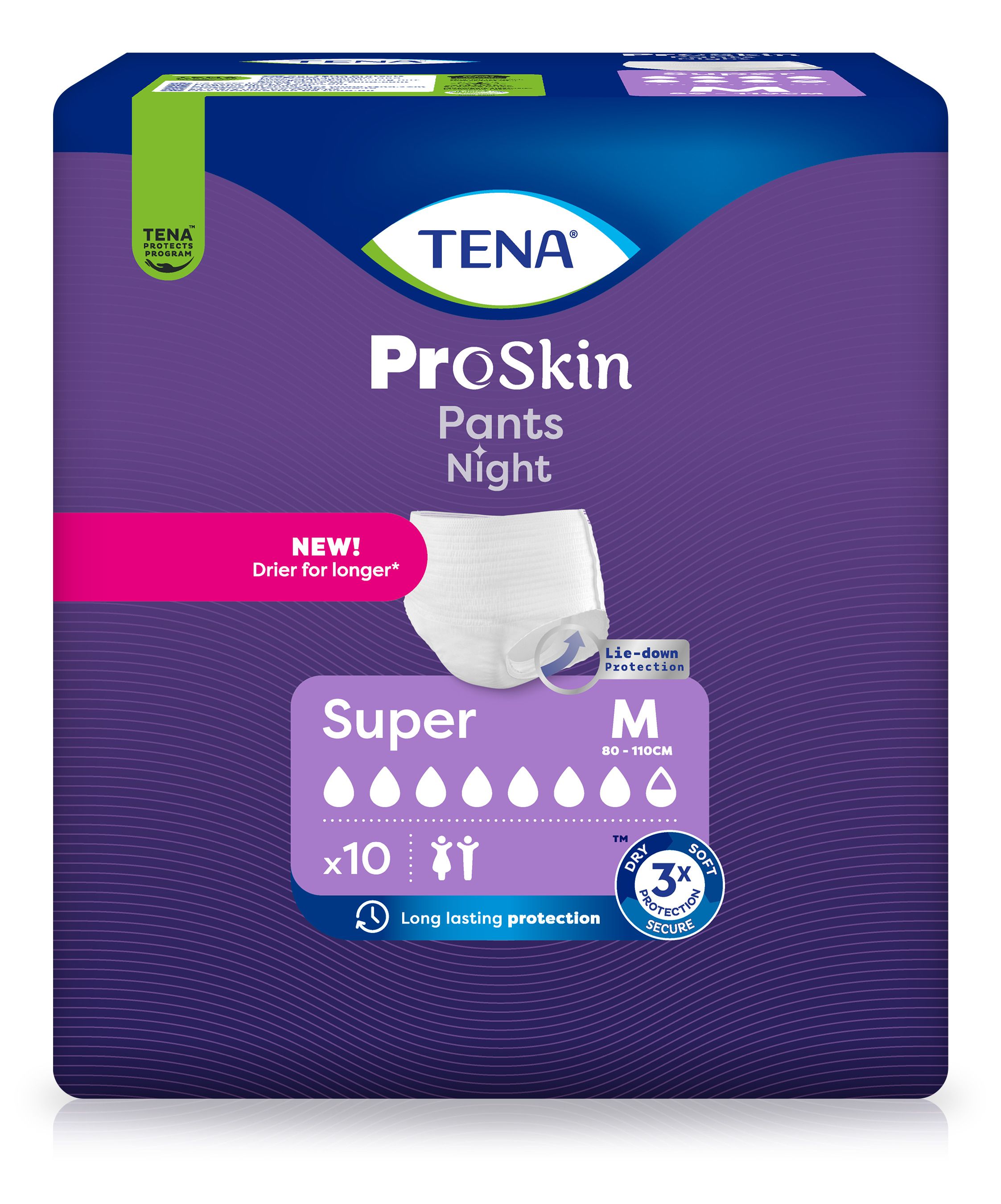 Verpackung von TENA ProSkin Pants Night Super. Enthält 10 Pants, Größe M. Mit Logo und Produktbezeichnungen.