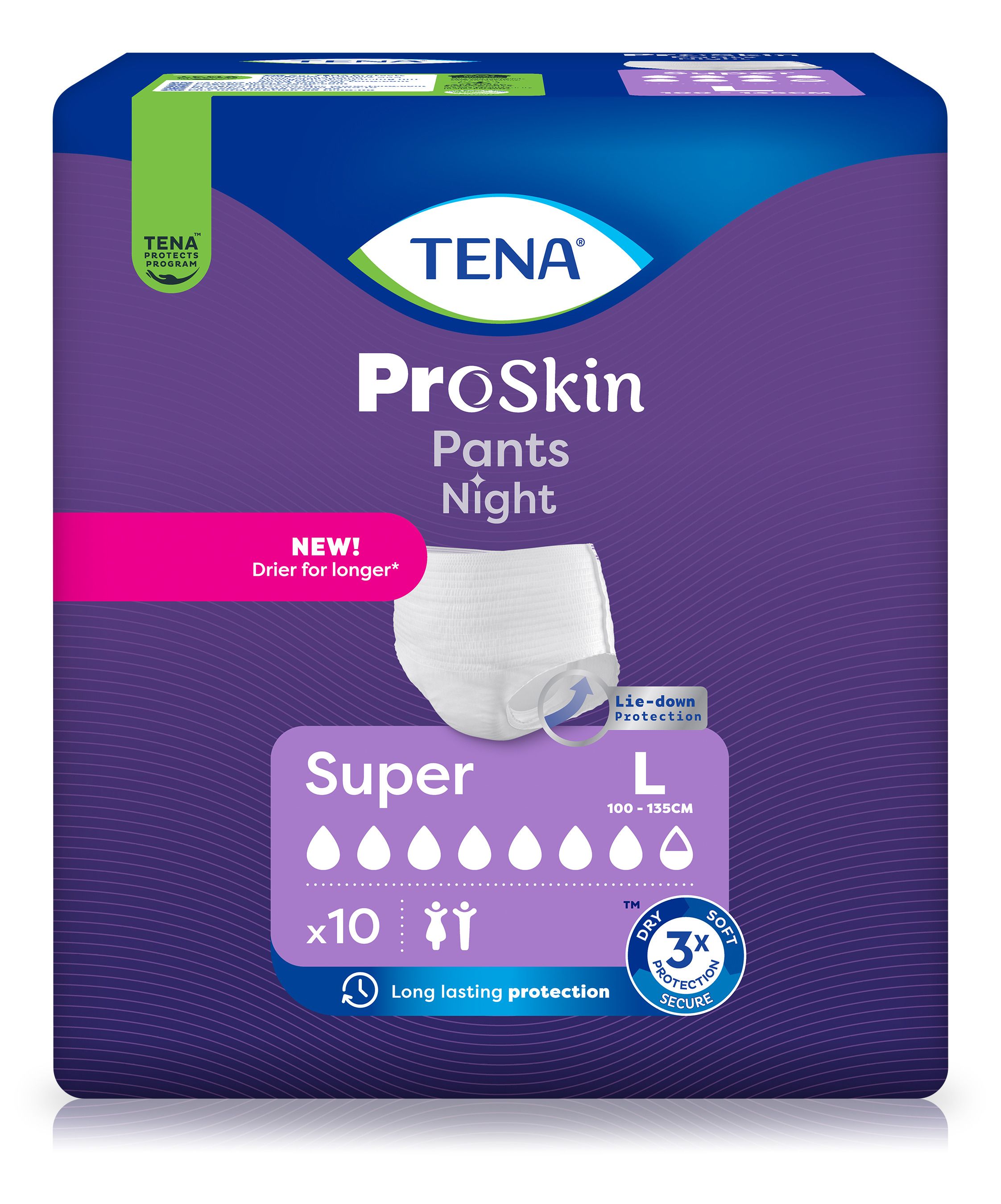 TENA ProSkin Pants Night Super L-Packung. Enthält 10 Pants. Größe L: 100-135cm. Mit 3x Dry Secure.