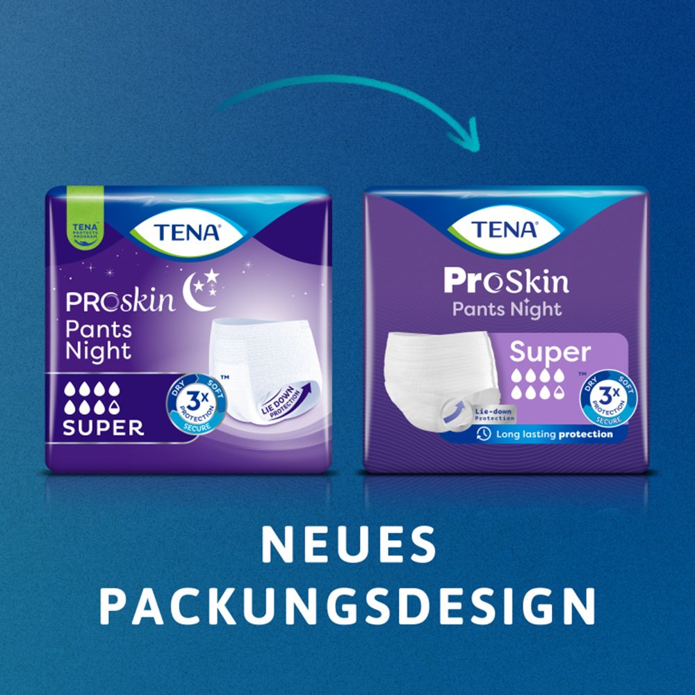 Vergleich von zwei TENA ProSkin Pants Night-Packungen. Neues Packungsdesign.