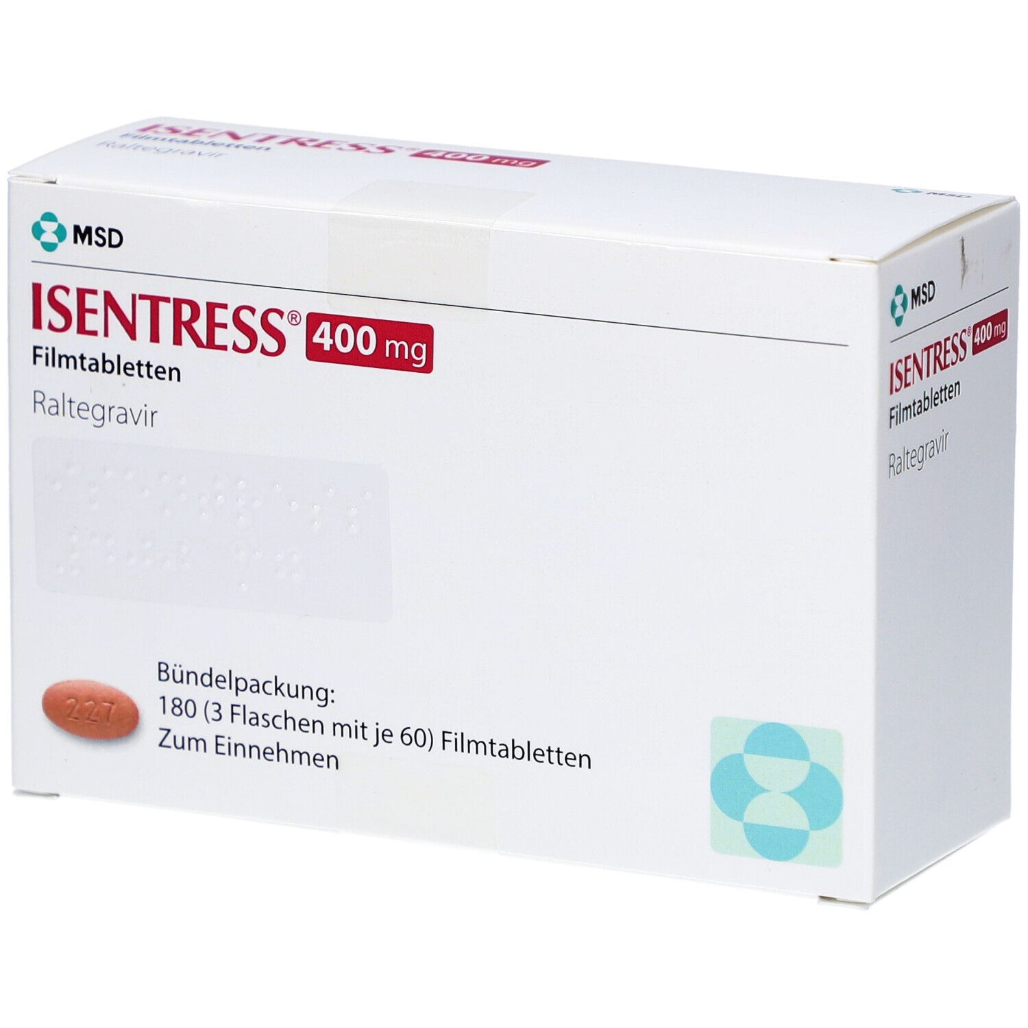 Weiße Kartonverpackung mit ISENTRESS 400 mg Aufschrift. Enthält 180 Filmtabletten. MSD Logo.