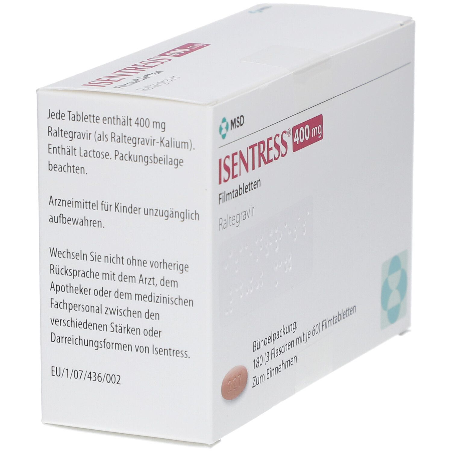 Kartonverpackung mit ISENTRESS 400 mg. Enthält 180 Filmtabletten. Textinformationen und MSD Logo.