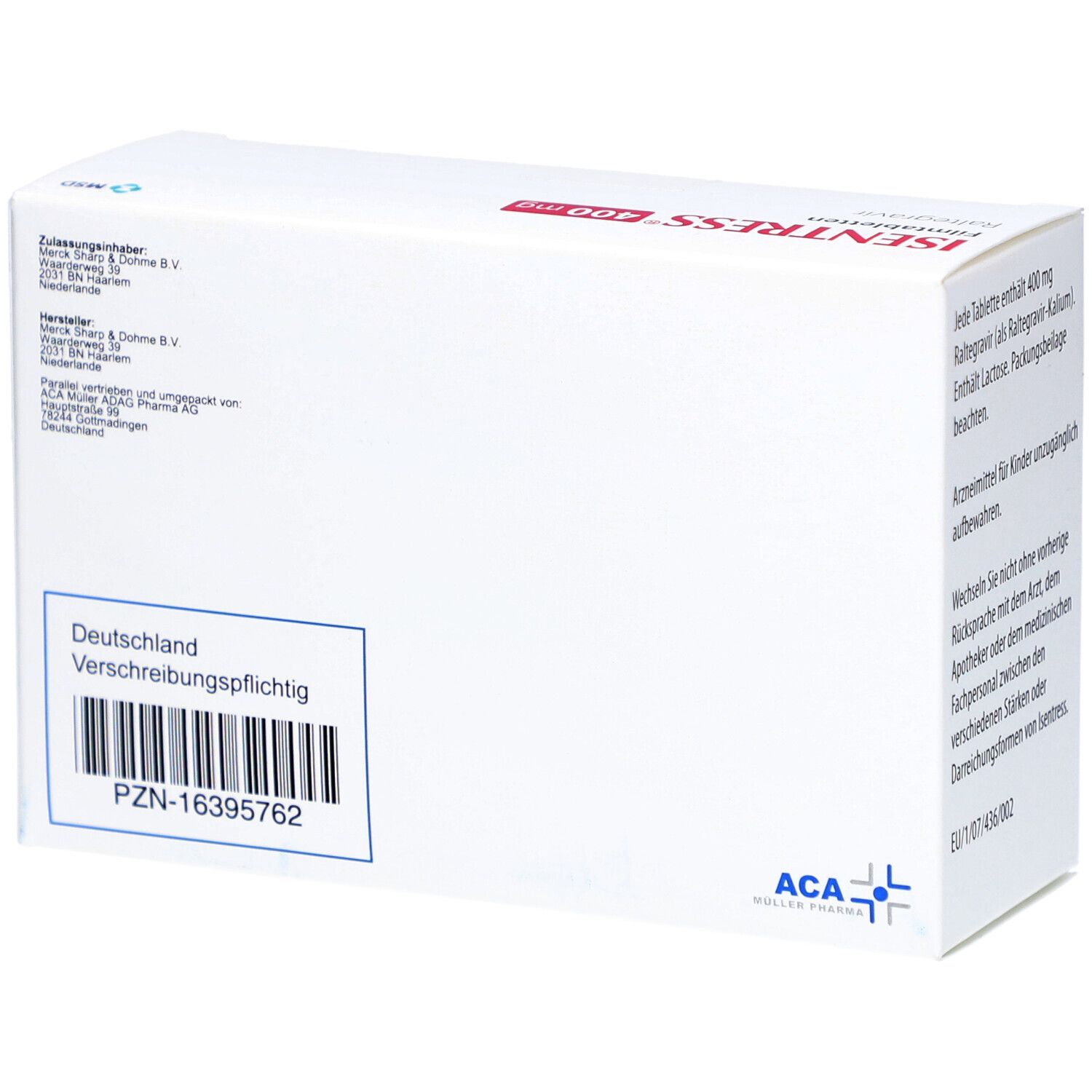 Weiße Kartonverpackung mit Text und Barcode. ACA Logo. PZN-16395762.
