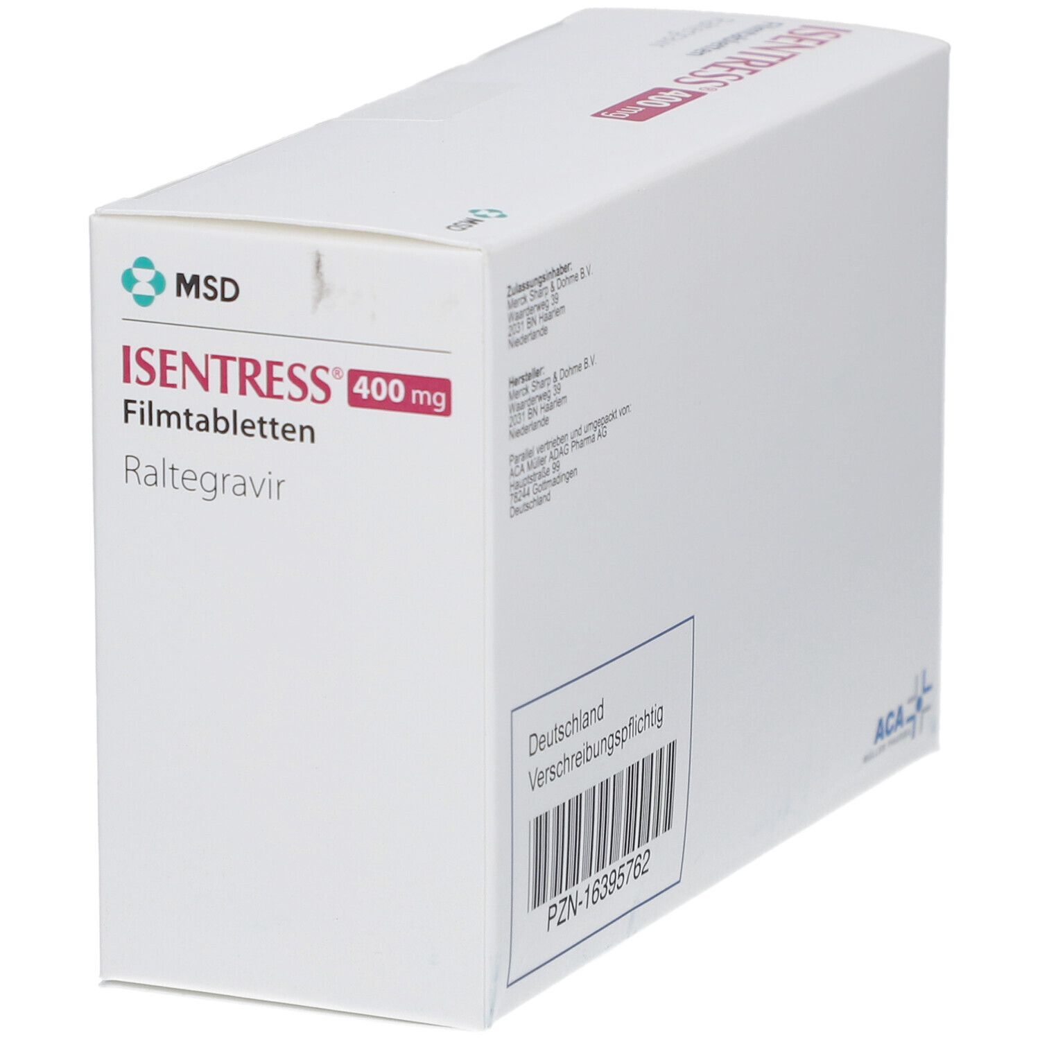 Weiße Kartonverpackung mit ISENTRESS 400 mg. MSD Logo. Text: Deutschland Verschreibungspflichtig. ACA Logo.