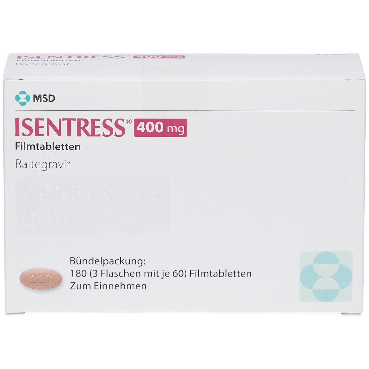 Weiße Kartonverpackung mit ISENTRESS 400 mg. Enthält 180 Filmtabletten. MSD Logo.