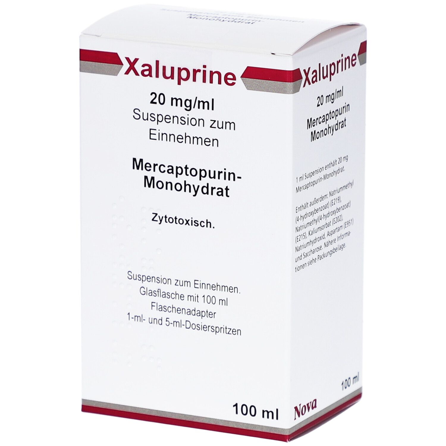 Weißer Karton mit roter und grauer Schrift. Beschriftung: Xaluprine 20 mg/ml, Suspension zum Einnehmen, Mercaptopurin-Monohydrat.