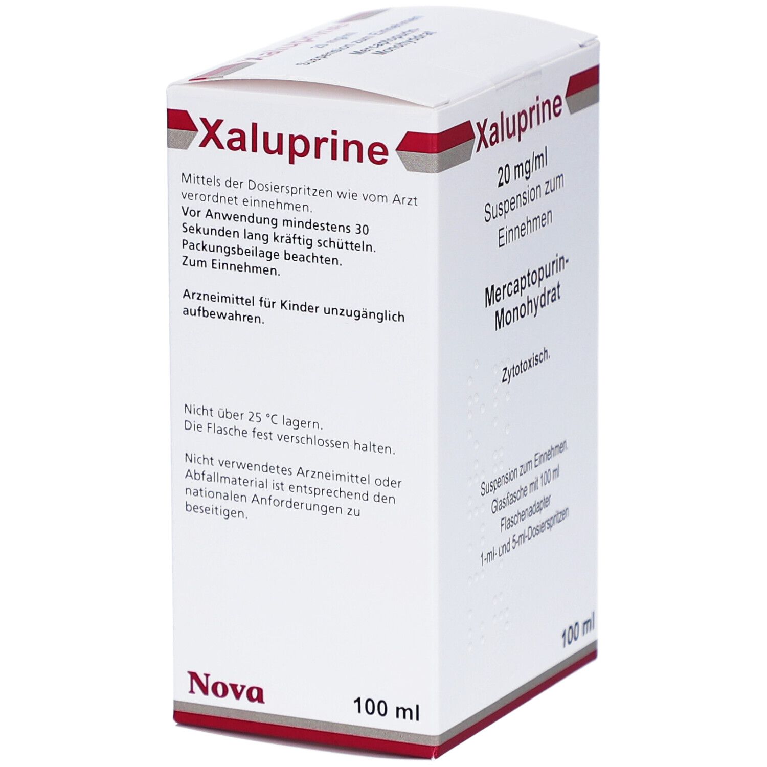 Weißer Karton mit roter und grauer Schrift. Beschriftung: Xaluprine 20 mg/ml, Suspension zum Einnehmen, Mercaptopurin-Monohydrat.