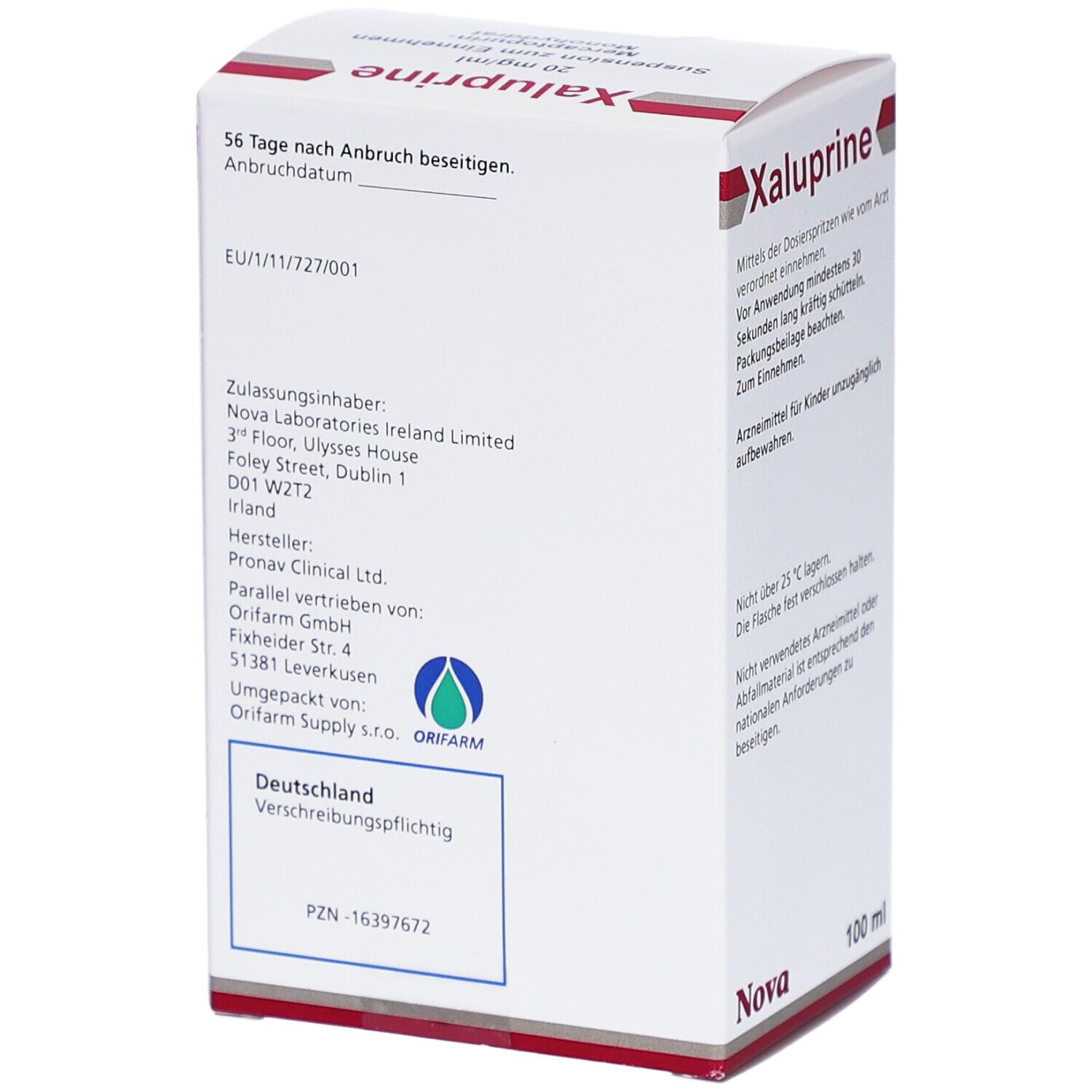 Weißer Karton mit roter und grauer Schrift. Beschriftung: Xaluprine 20 mg/ml, Suspension zum Einnehmen, Mercaptopurin-Monohydrat.