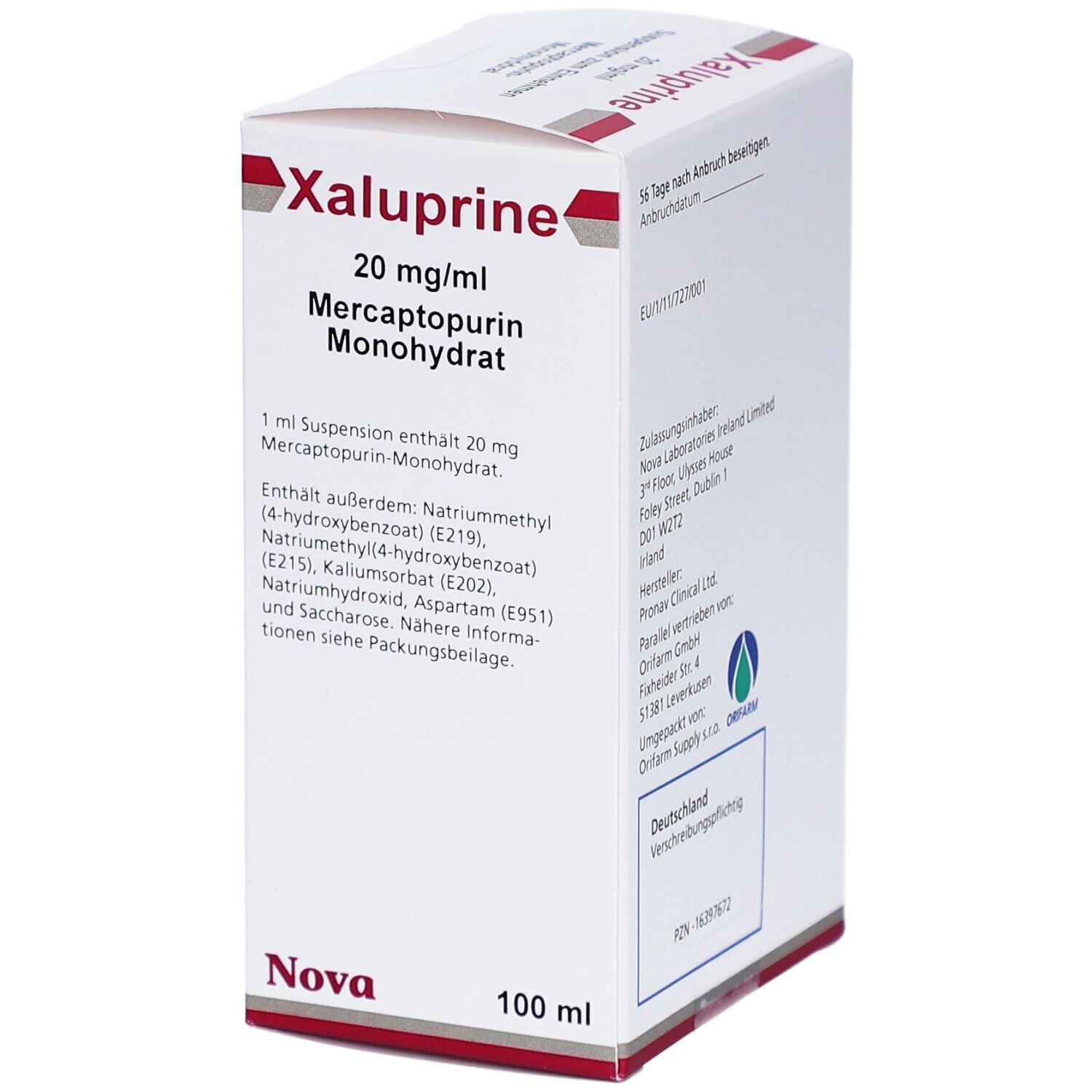 Weißer Karton mit roter und grauer Schrift. Beschriftung: Xaluprine 20 mg/ml, Suspension zum Einnehmen, Mercaptopurin-Monohydrat.