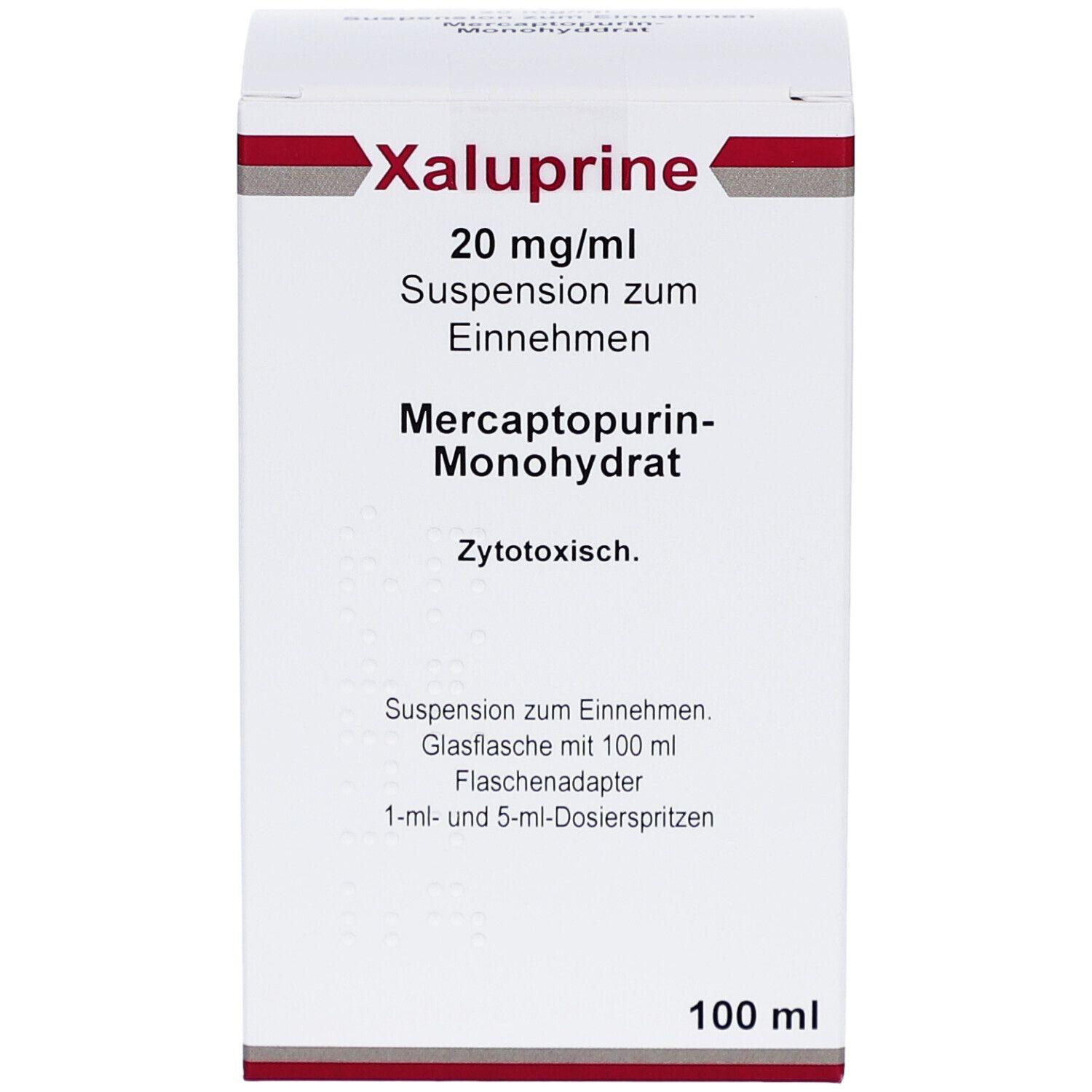Weißer Karton mit roter und grauer Schrift. Beschriftung: Xaluprine 20 mg/ml, Suspension zum Einnehmen, Mercaptopurin-Monohydrat.