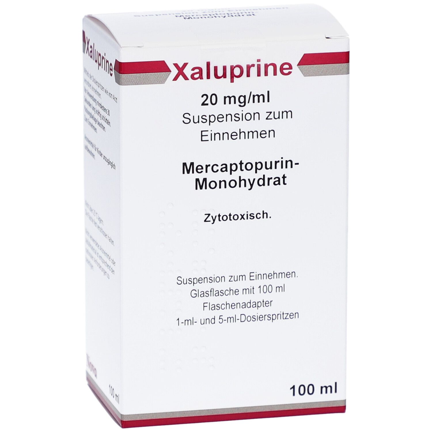 Weißer Karton mit roter und grauer Schrift. Beschriftung: Xaluprine 20 mg/ml, Suspension zum Einnehmen, Mercaptopurin-Monohydrat.