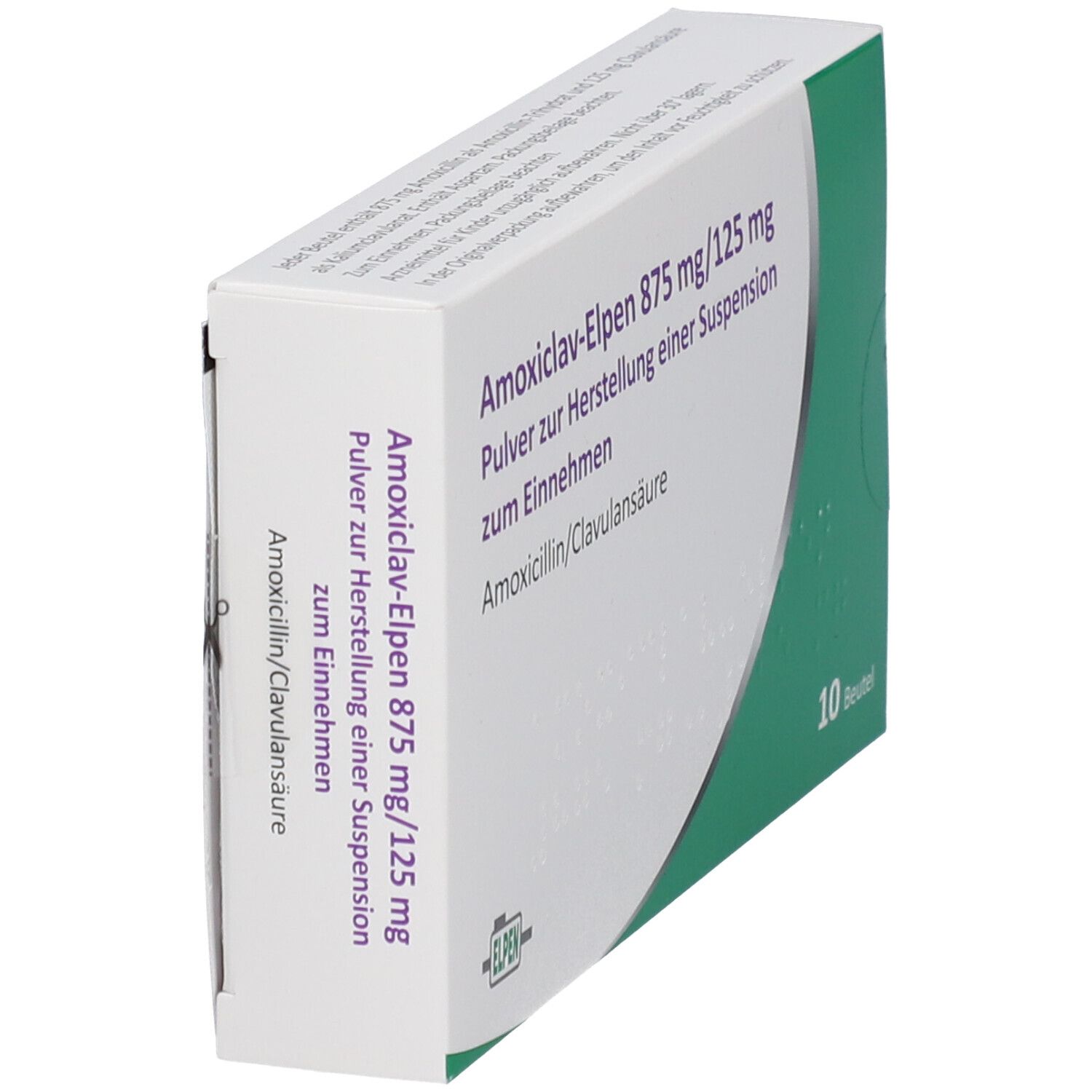 Schachtel Amoxiclav-Elpen 875 mg/125 mg. Seitenansicht. Text: Pulver zur Herstellung einer Suspension zum Einnehmen. 10 Beutel. Grün-weiß.