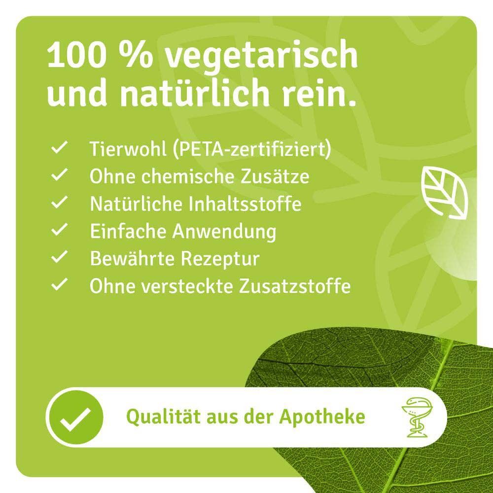 Grüne Grafik mit Text. 100% vegetarisch und natürlich rein. Zertifizierungen und Qualitätssiegel.