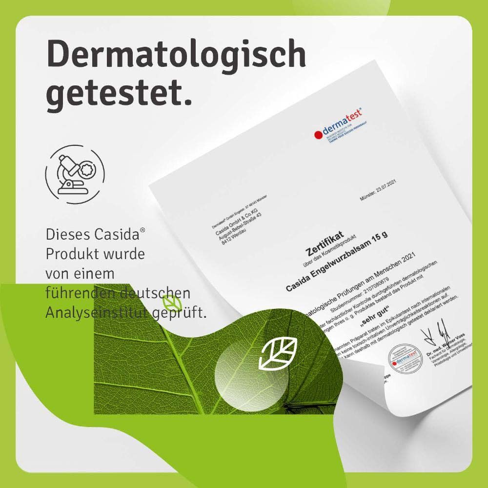 Zertifikat von Dermatest. Casida® Engelwurzbalsam 15 g. Zertifikat über dermatologische Prüfungen am Menschen.
