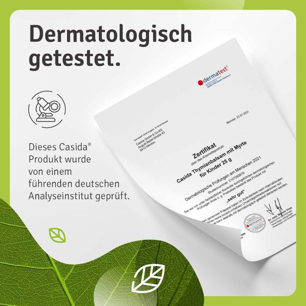 Zertifikat von Dermatest. Casida® Thymianbalsam Myrte für Kinder 25 g. Zertifikat über dermatologische Prüfungen.