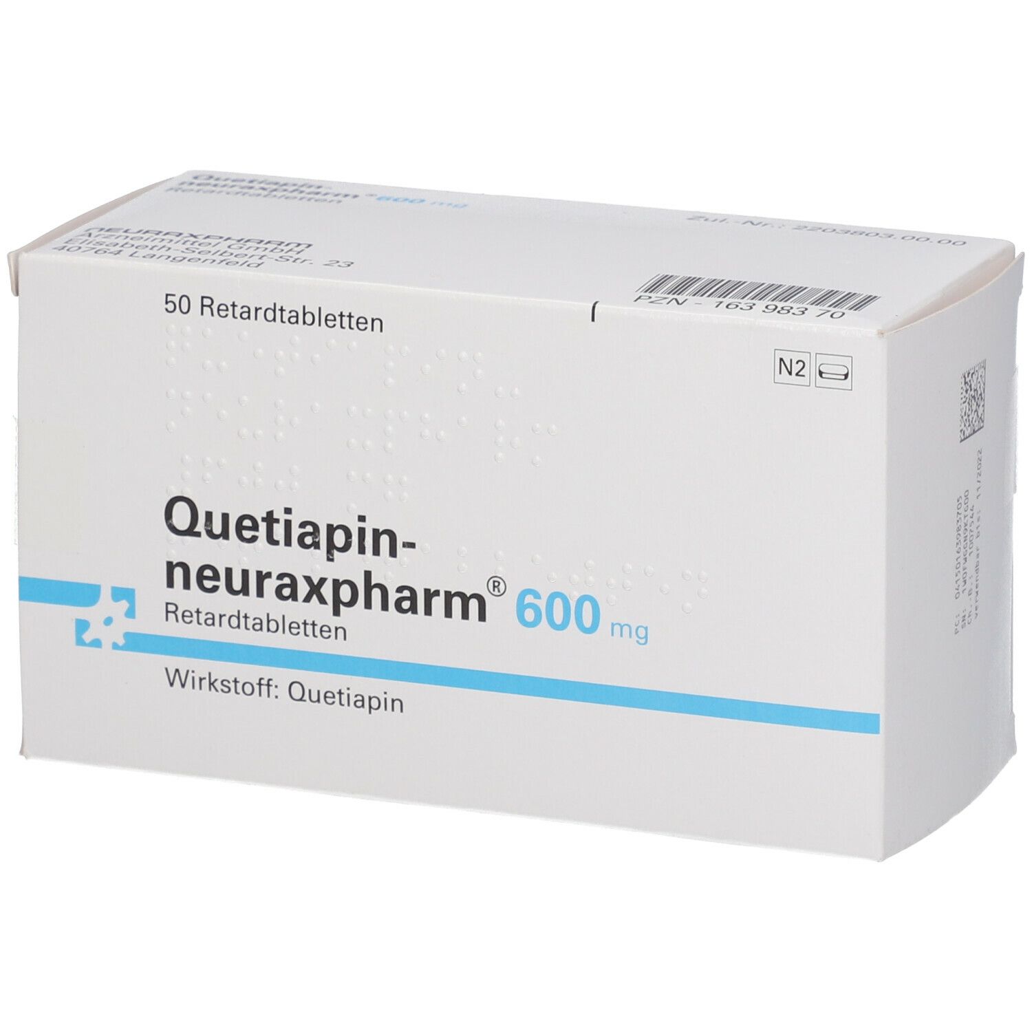 Weiße Schachtel mit Aufschrift Quetiapin-neuraxpharm® 600 mg. Enthält 50 Retardtabletten. Wirkstoff: Quetiapin.
