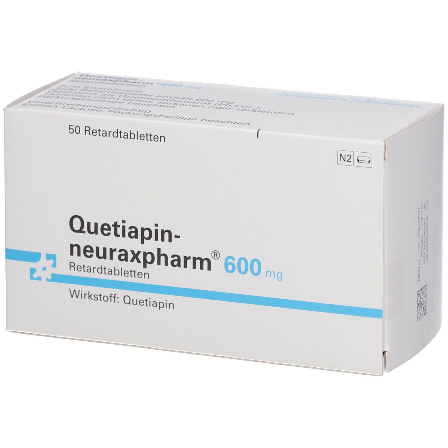 Weiße Schachtel mit Aufschrift Quetiapin-neuraxpharm® 600 mg. Enthält 50 Retardtabletten. Wirkstoff: Quetiapin. Draufsicht.