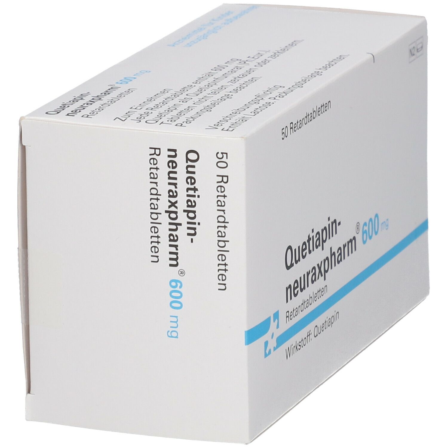 Schachtel mit Aufschrift Quetiapin-neuraxpharm® 600 mg. Enthält 50 Retardtabletten. Wirkstoff: Quetiapin. Perspektivische Ansicht.