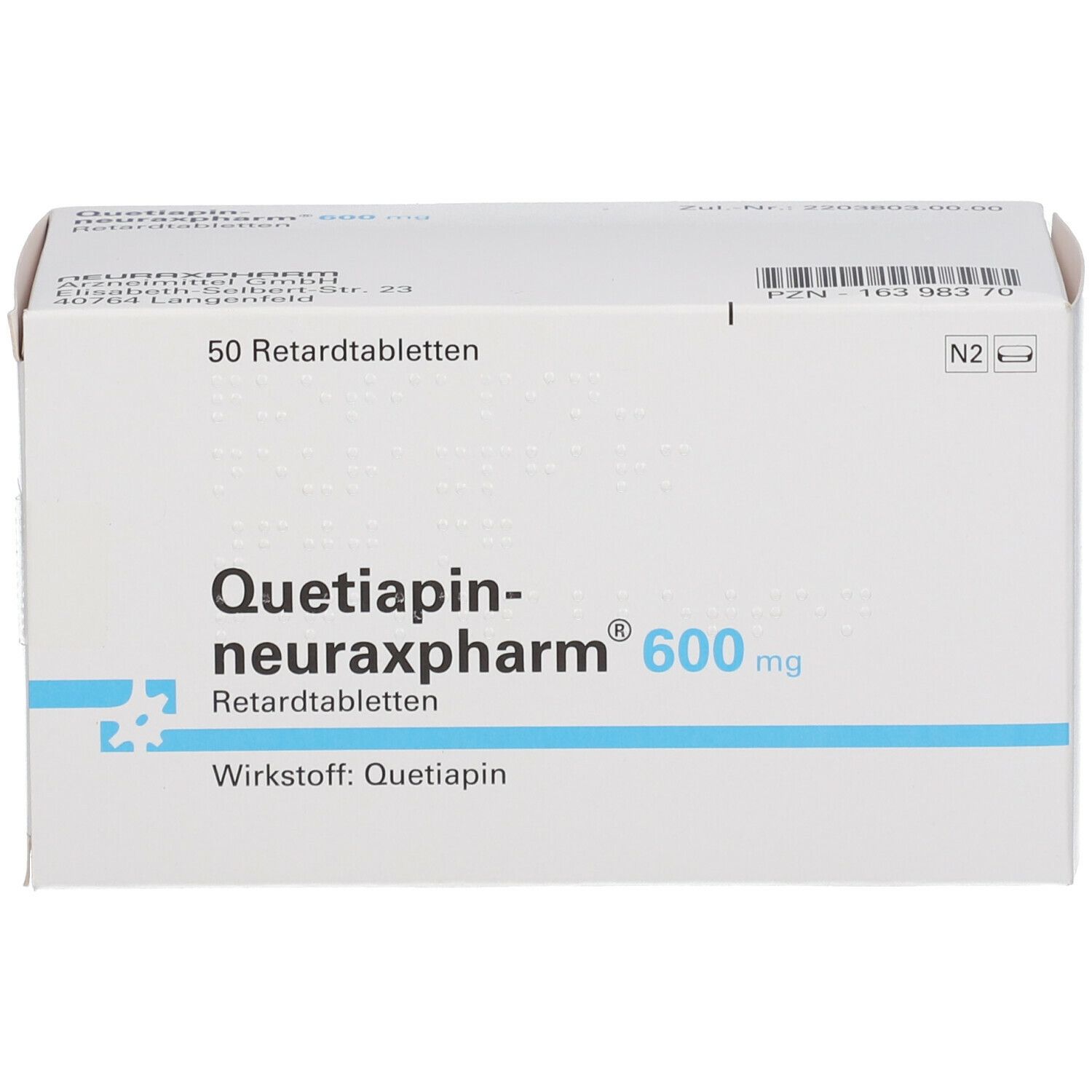 Weiße Schachtel mit Aufschrift Quetiapin-neuraxpharm® 600 mg. Enthält 50 Retardtabletten. Wirkstoff: Quetiapin.