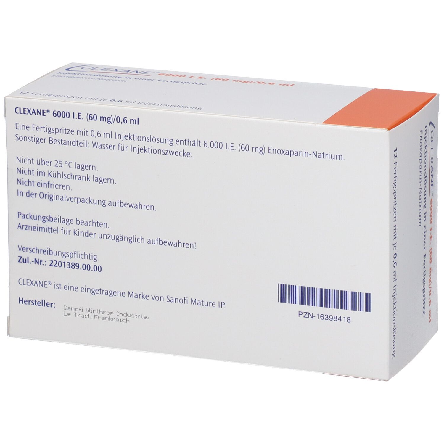 Rückseite der CLEXANE-Verpackung. Weiße Faltschachtel mit orangefarbenem Akzent. Text und Barcode. Sanofi Logo.