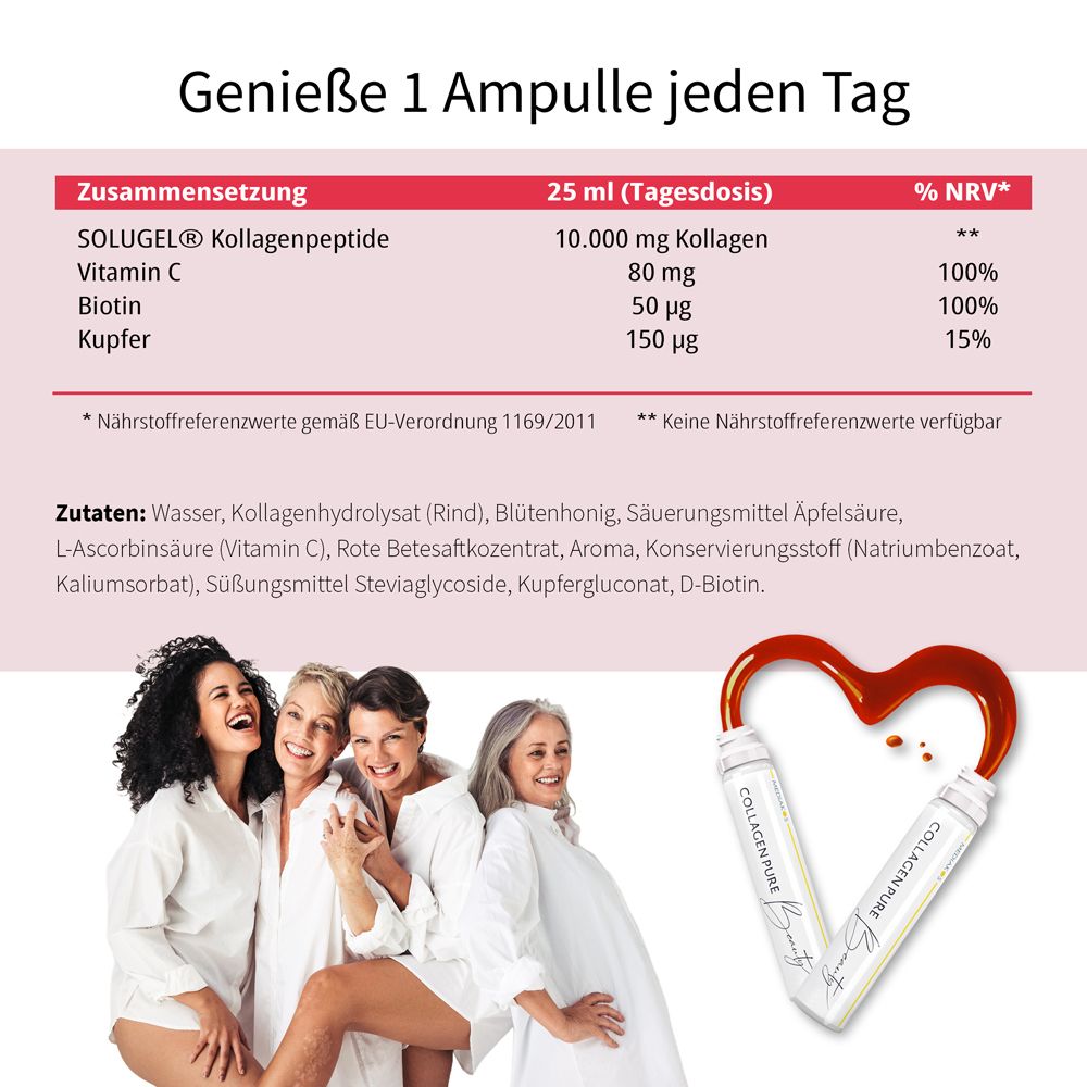 Zusammensetzung pro Tagesdosis: 10g Kollagen, Vitamin C, Biotin, Kupfer. Zutatenliste. Frauen mit Trinkampullen.