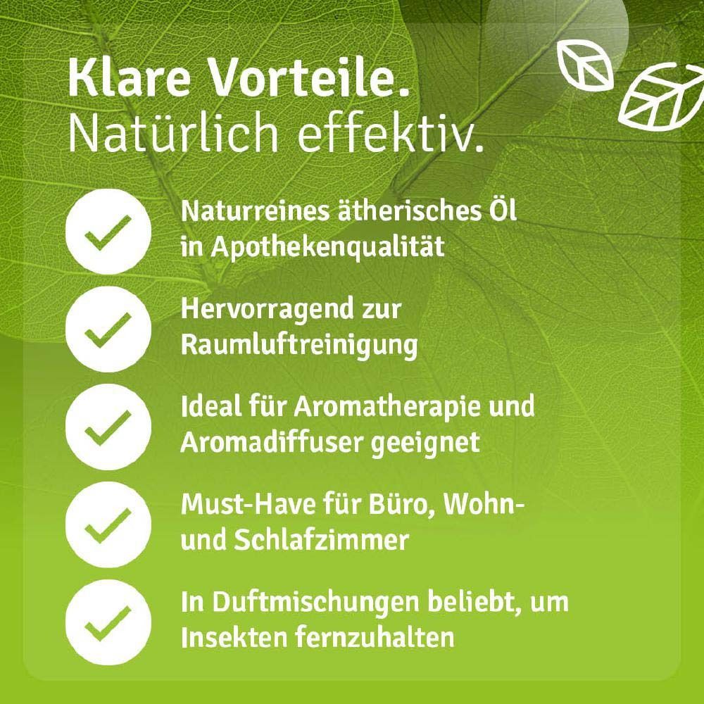 Produktflasche neben Text. Text: Klare Vorteile. Naturreines ätherisches Öl in Apothekenqualität. Geeignet für Aromatherapie.