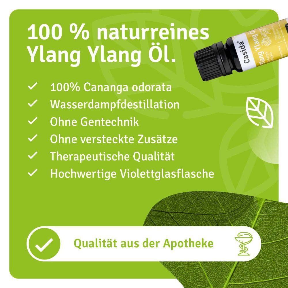 Liste der Produktmerkmale. Flasche Ylang Ylang Öl. 100% Cananga odorata, Wasserdampfdestillation, ohne Gentechnik, etc. Apothekenqualität.