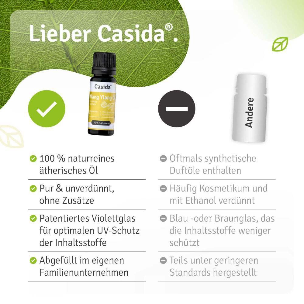 Vergleich: Ylang Ylang Öl von Casida vs. andere. Vorteile: 100% naturrein, pur, UV-Schutz. Nachteile: synthetische Düfte, verdünnt.