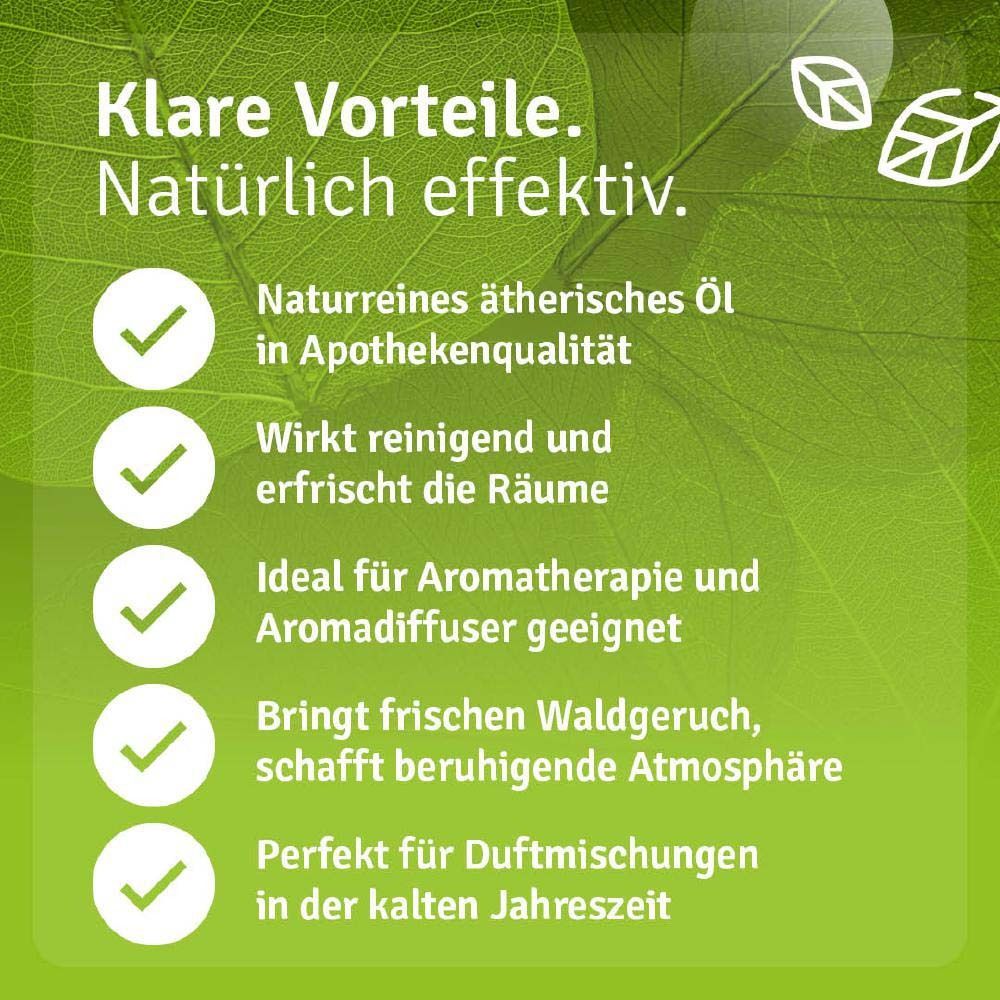 Grüner Hintergrund mit Text. Vorteile: naturreines ätherisches Öl, reinigend, erfrischend, für Aromatherapie, Waldgeruch.