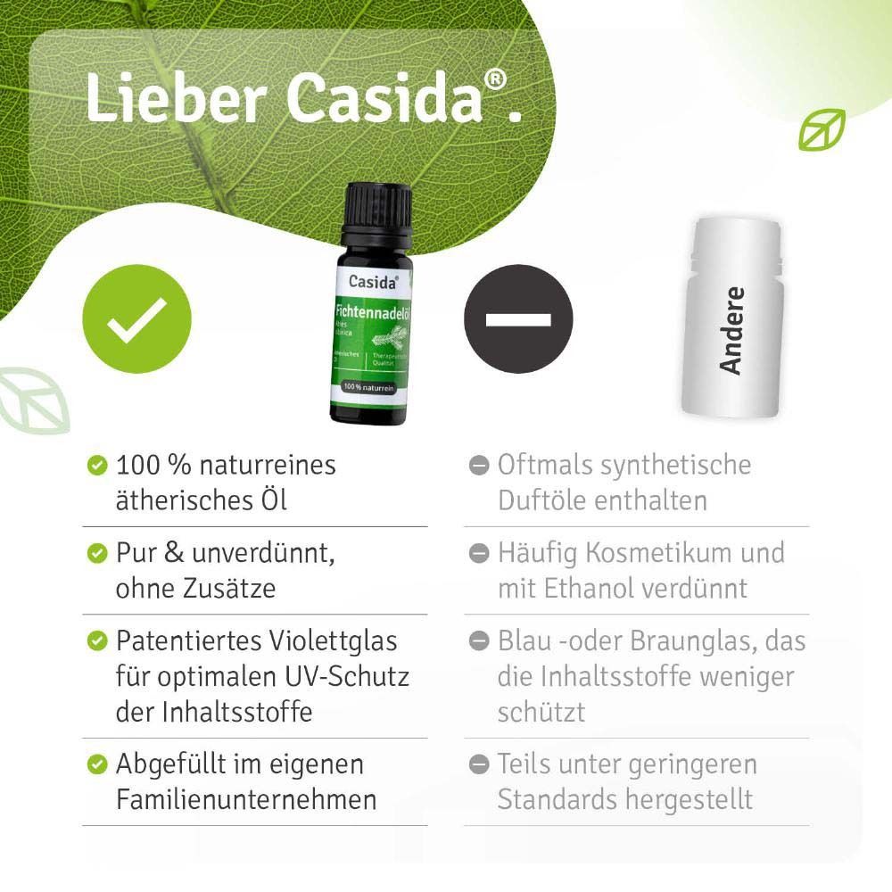 Vergleich: "Casida Fichtennadelöl" vs. andere. Vorteile: 100% naturrein, pur, UV-Schutz, Familienunternehmen.