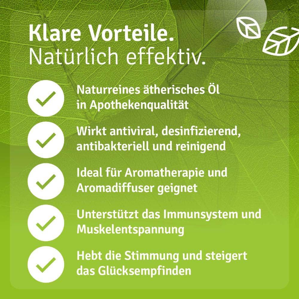 Produktflasche neben Text. Text: Klare Vorteile. Natürlich effektiv. Ideal für Aromatherapie.