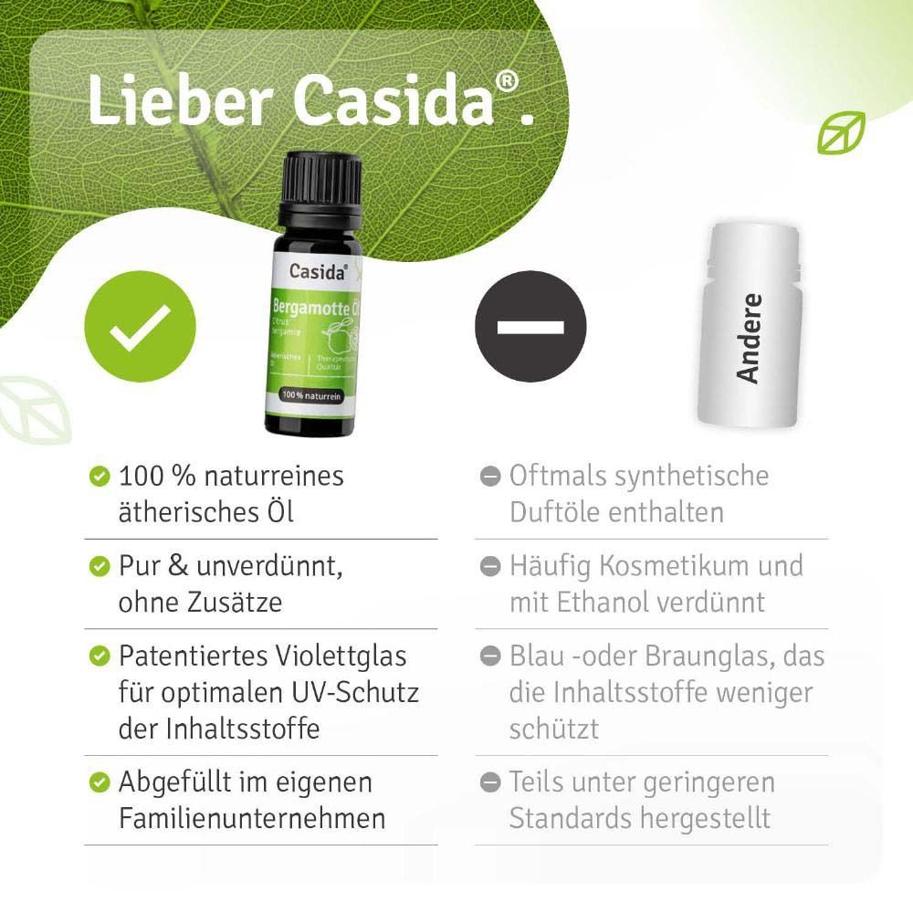Produktflasche neben Text. Text: Lieber Casida. 100 % naturreines ätherisches Öl. Patentiertes Violettglas.