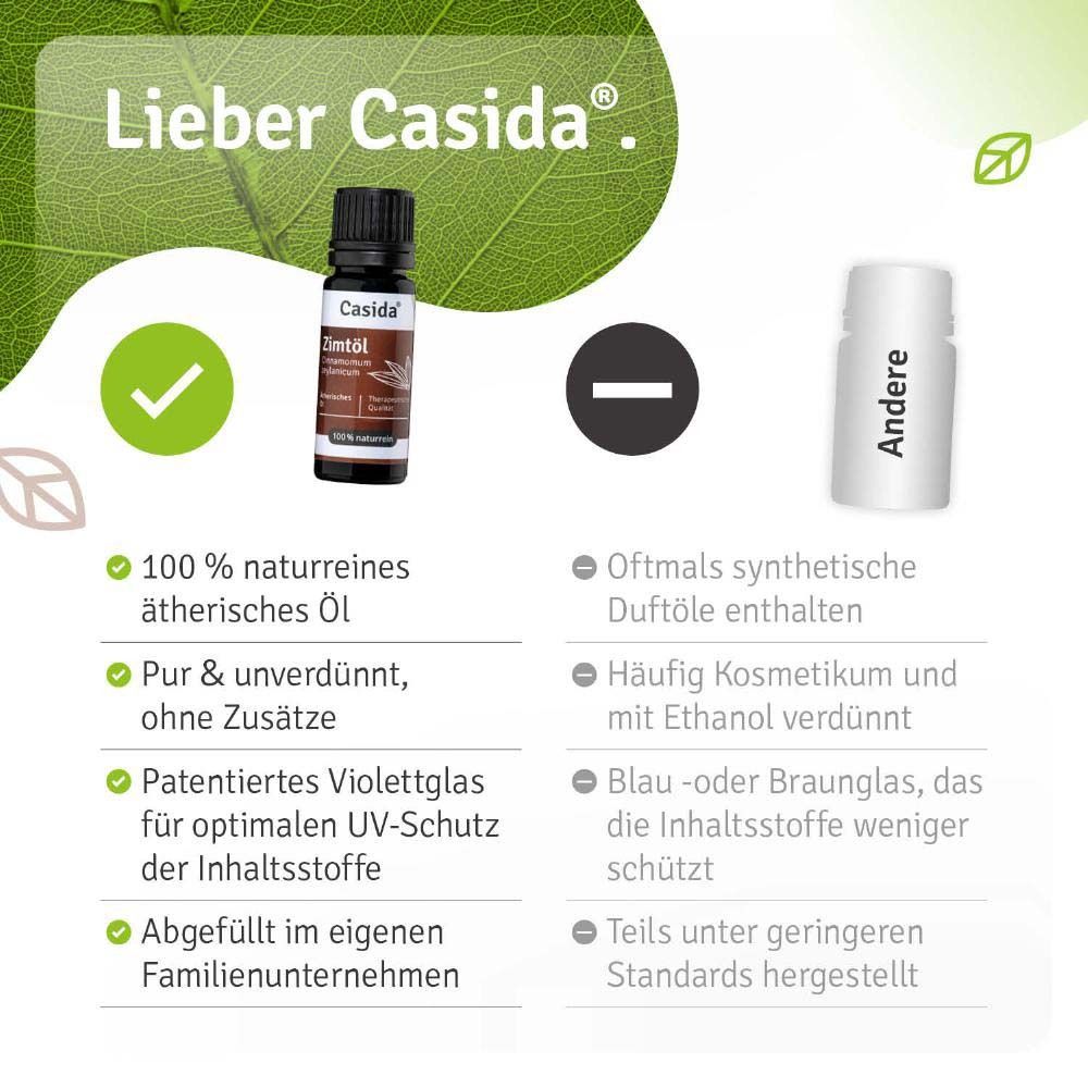 Produktflasche neben Text. 100 % naturreines ätherisches Öl. Pur & unverdünnt. Patentiertes Violettglas. Abgefüllt im Familienunternehmen.