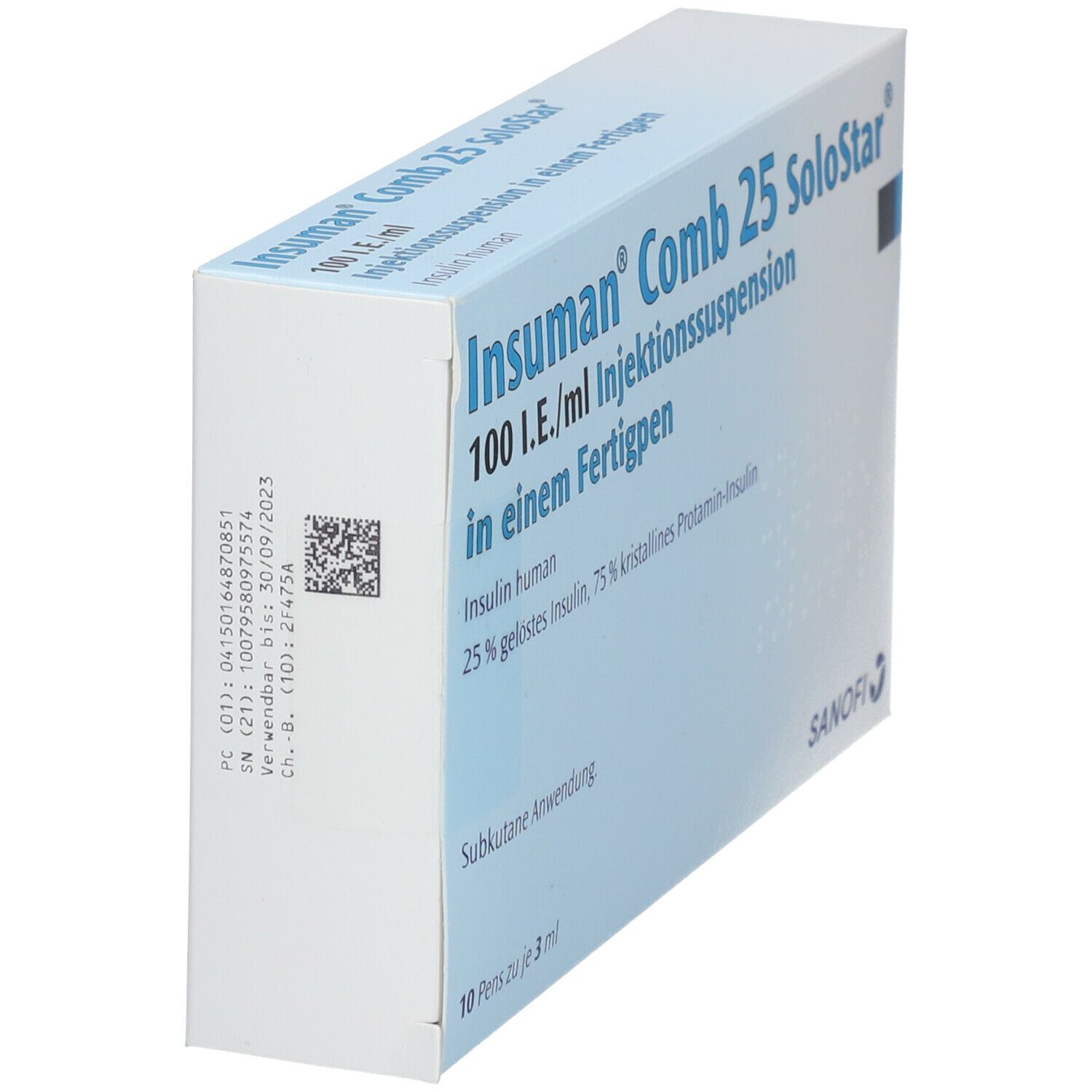 Weiße Schachtel, seitliche Ansicht. Aufschrift: Insuman Comb 25 SoloStar, 100 I.E./ml Injektionssuspension. Sanofi Logo.