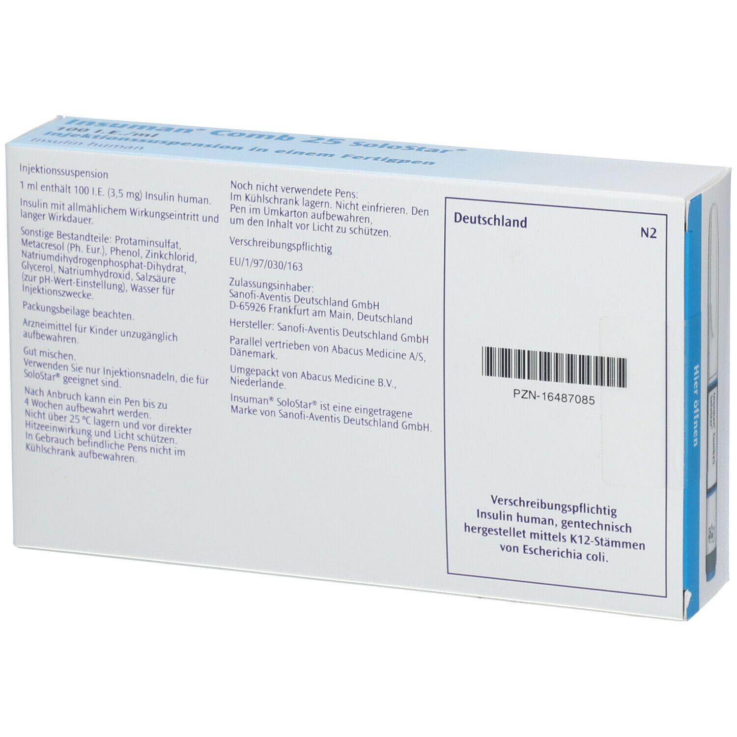 Rückseite der weißen Schachtel. Text: Insuman Comb 25 SoloStar. Informationen zu Inhaltsstoffen, Hersteller und Chargennummer.