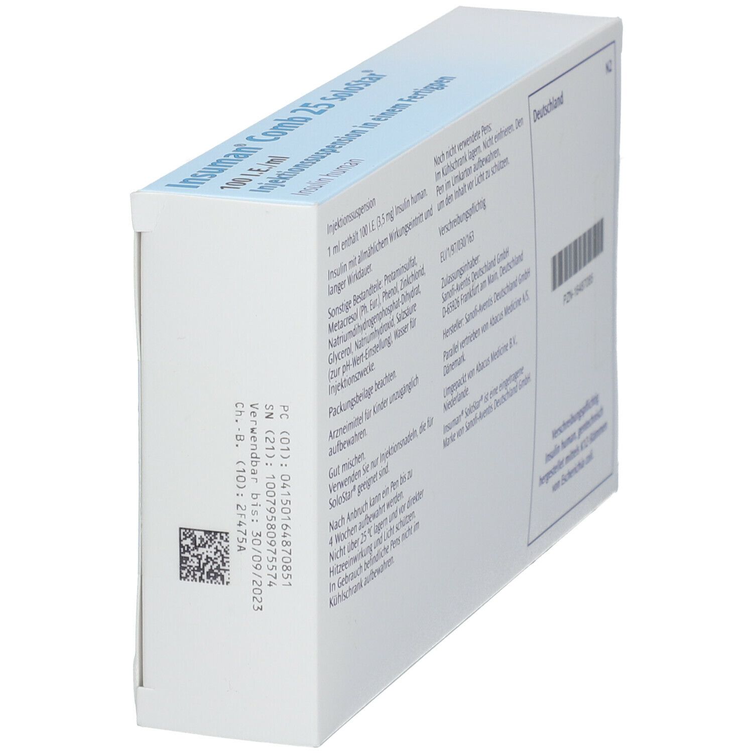 Seitenansicht der weißen Schachtel. Text: Insuman Comb 25 SoloStar. Informationen zu Inhaltsstoffen, Hersteller und Chargennummer.