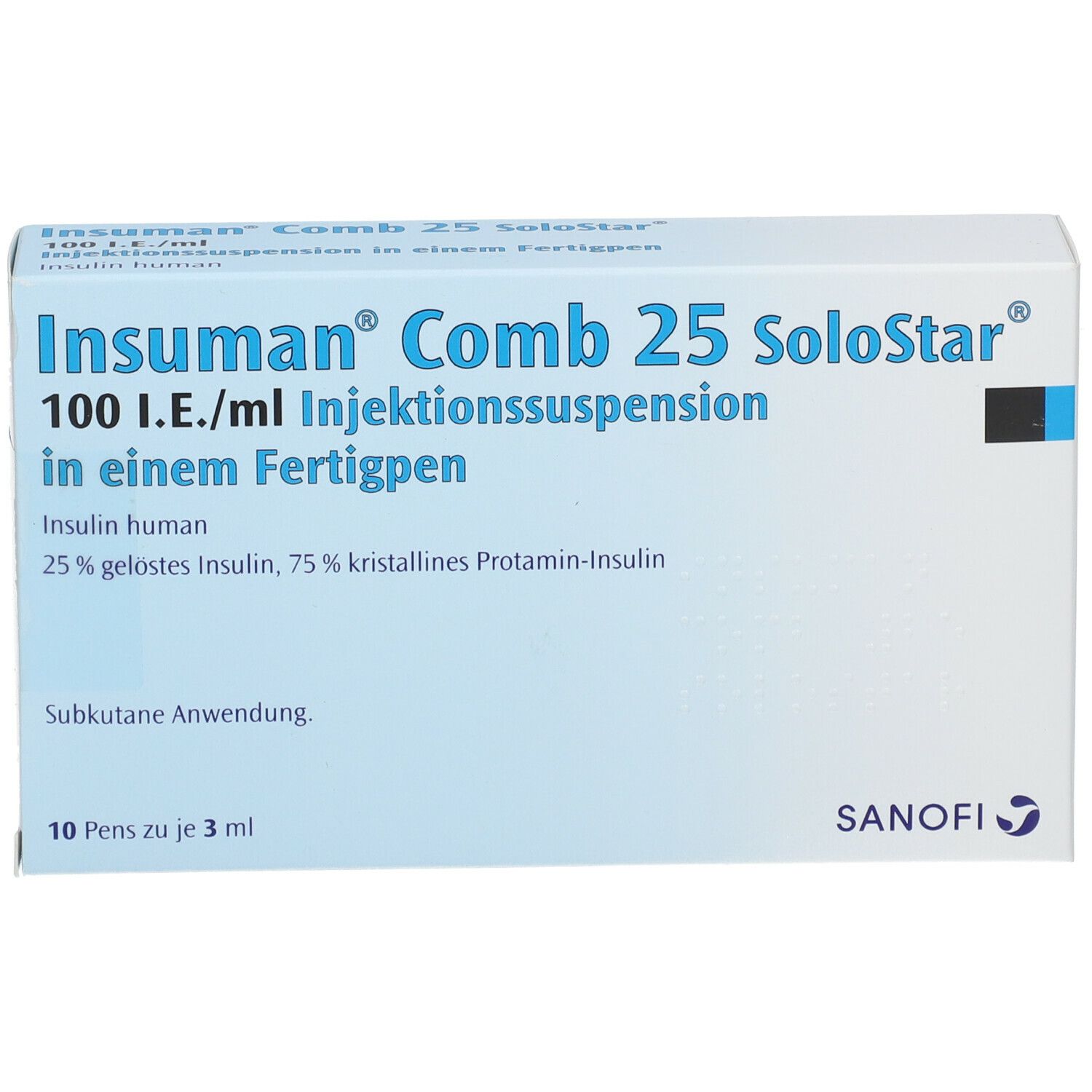 Weiße Schachtel mit blauer und schwarzer Schrift. Aufschrift: Insuman Comb 25 SoloStar, 100 I.E./ml Injektionssuspension.