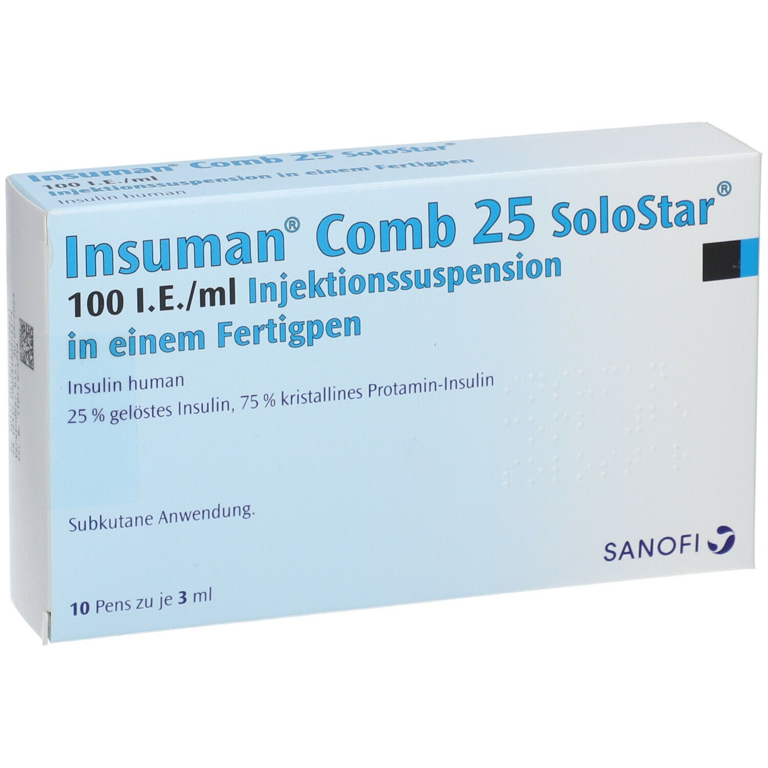 Weiße Schachtel mit blauer und schwarzer Schrift. Aufschrift: Insuman Comb 25 SoloStar, 100 I.E./ml Injektionssuspension.