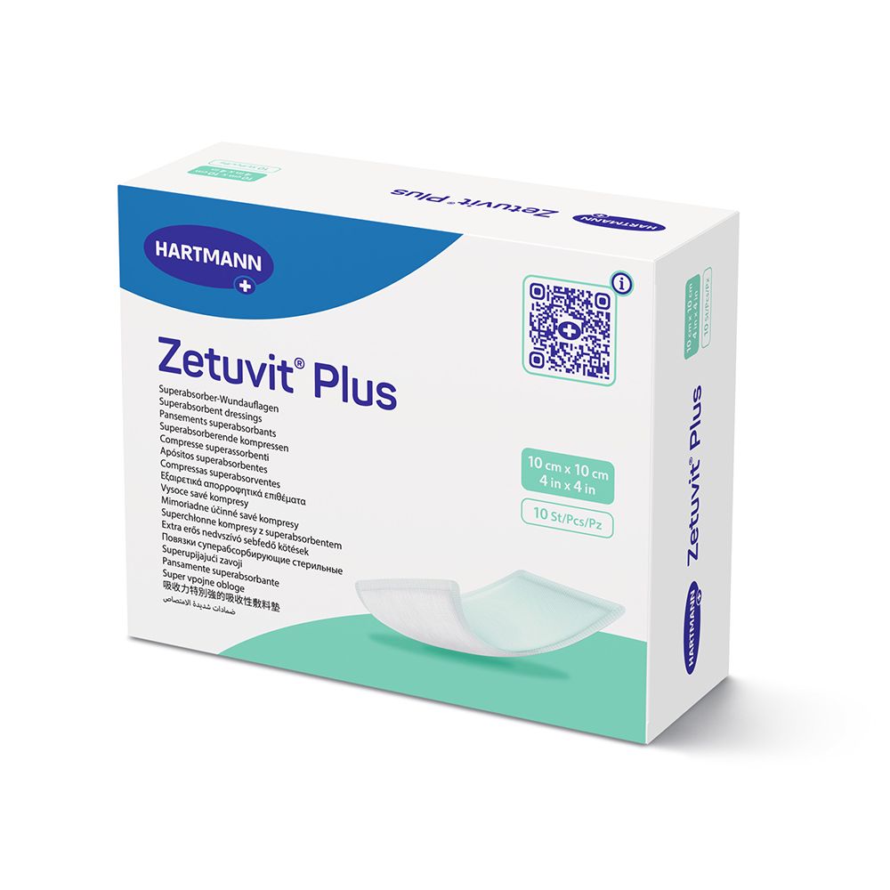 Verpackung Zetuvit Plus Superabsorber-Wundauflage, 10 x 10 cm, steril, 10 Stück.