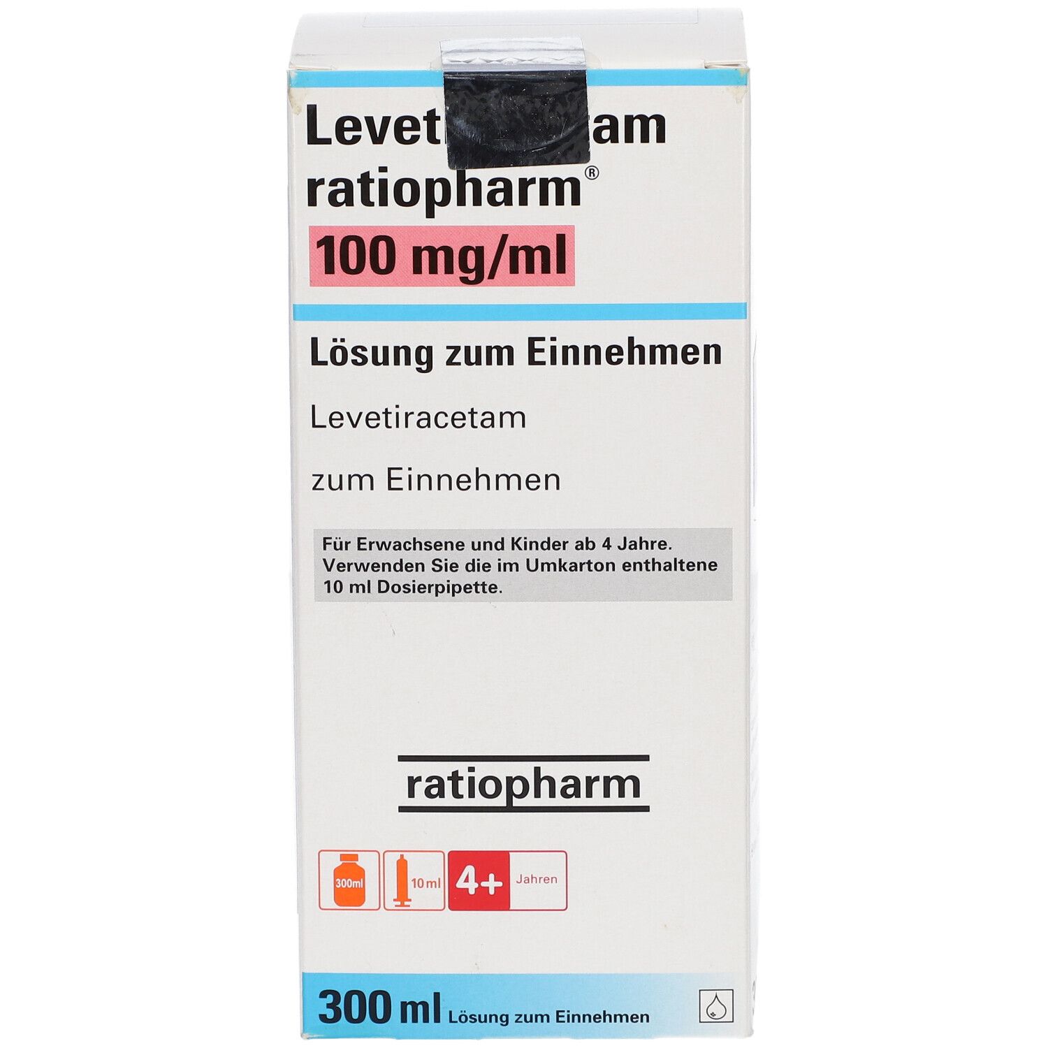 Verpackung von Levetiracetam-ratiopharm®, 100 mg/ml Lösung zum Einnehmen. Enthält 300 ml. Frontalansicht.
