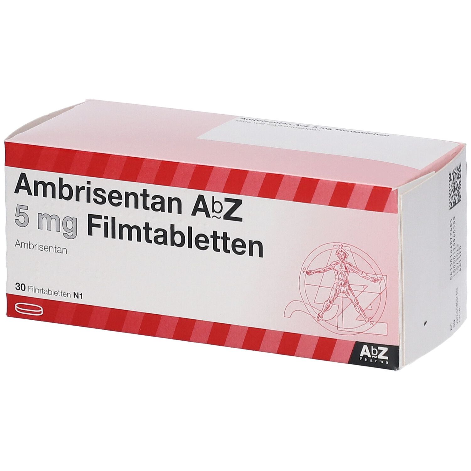 Schachtel mit Ambrisentan AbZ 5 mg Filmtabletten. Rote und weiße Streifen, Text und Logo. 30 Tabletten.