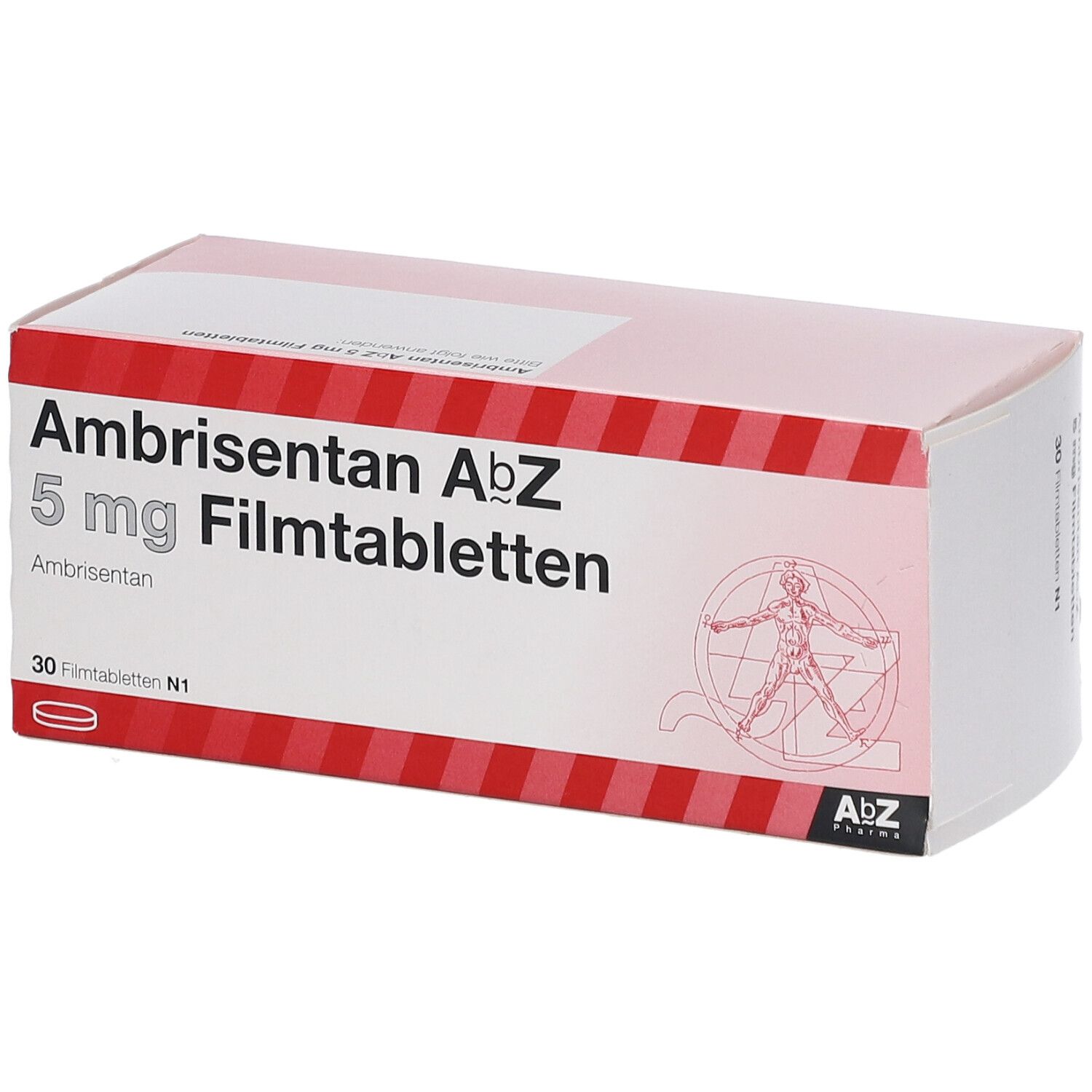 Schachtel mit Ambrisentan AbZ 5 mg Filmtabletten. Rote und weiße Streifen, Text und Logo. 30 Tabletten.