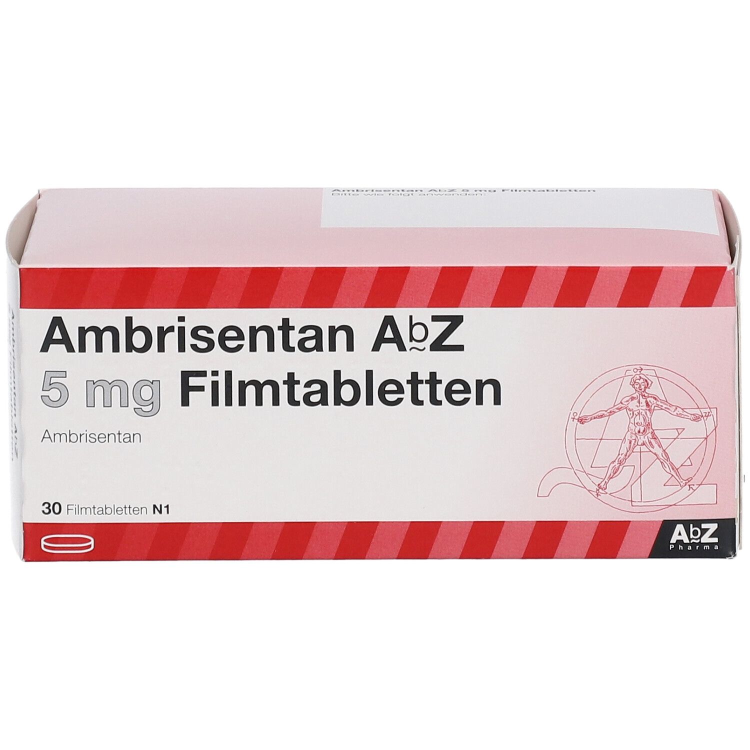 Schachtel mit Ambrisentan AbZ 5 mg Filmtabletten. Rote und weiße Streifen, Text und Logo. 30 Tabletten.