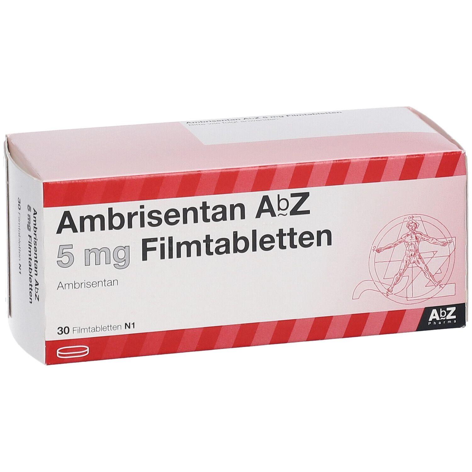 Schachtel mit Ambrisentan AbZ 5 mg Filmtabletten. Rote und weiße Streifen, Text und Logo. 30 Tabletten.