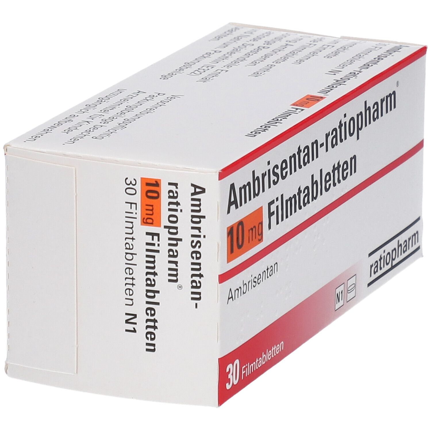 Schachtel mit Ambrisentan-ratiopharm® 10 mg Filmtabletten. Aufschrift: 30 Filmtabletten. Perspektivische Ansicht.