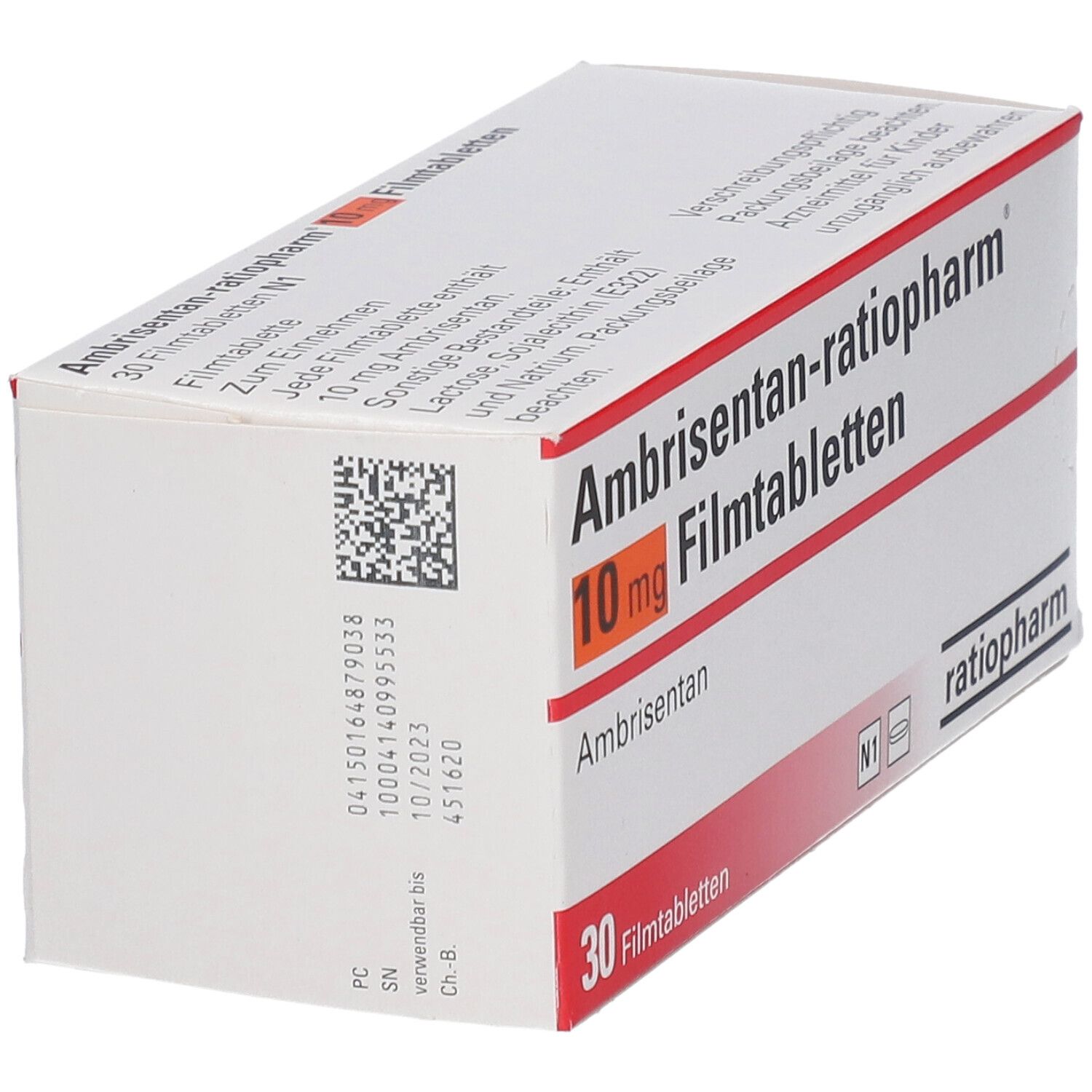 Schachtel mit Ambrisentan-ratiopharm® 10 mg Filmtabletten. Aufschrift: 30 Filmtabletten. QR-Code und Chargennummer.