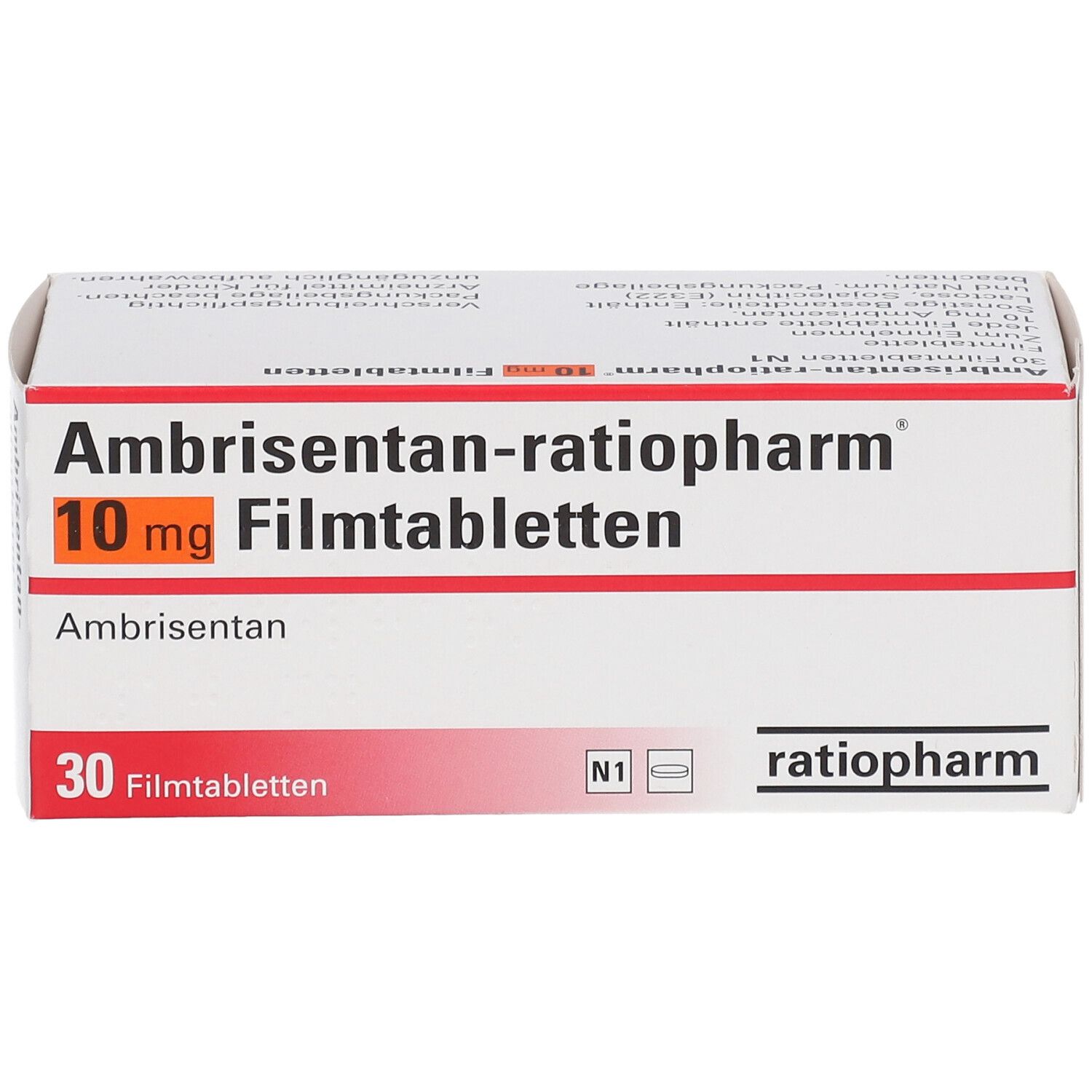 Schachtel mit Ambrisentan-ratiopharm® 10 mg Filmtabletten. Aufschrift: 30 Filmtabletten. Vorderansicht.